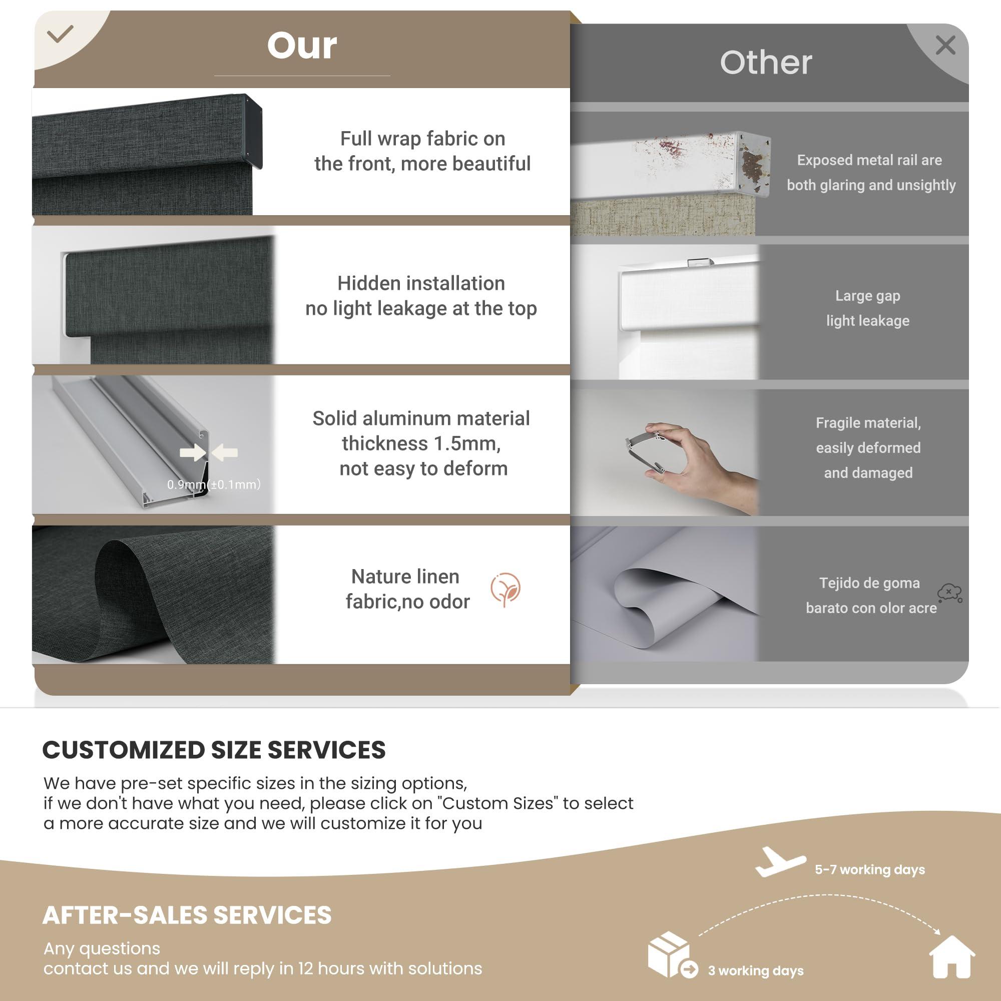 Boolegon Boolegon Blackout Roller Shades for Windows, Cordless Roller Blinds with Linen Fabric-Matched, Custom Roller Blinds for Home Office, Black Grey, 38" W x 64" H