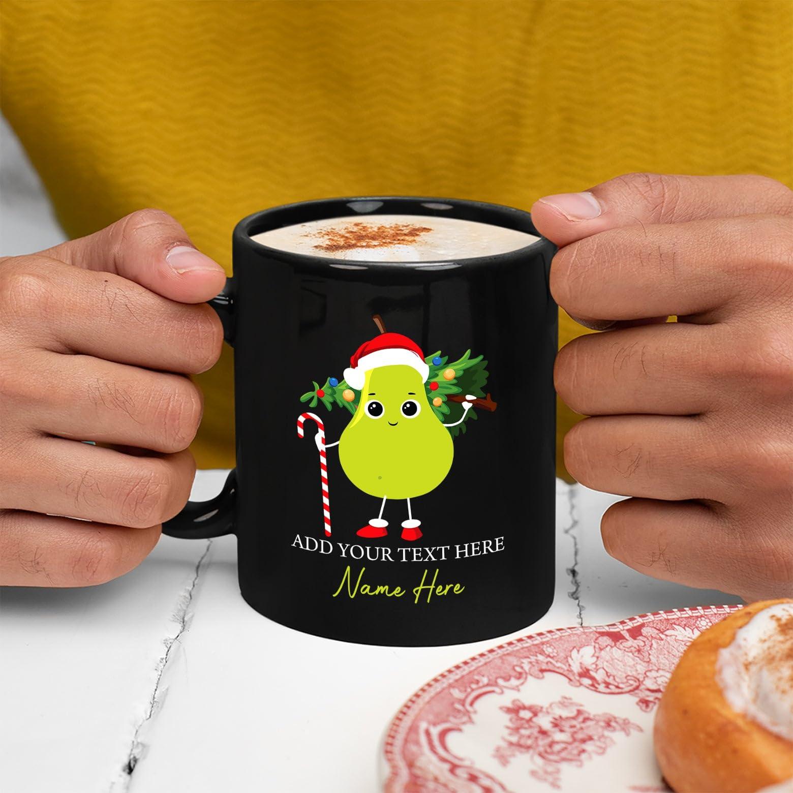 Yanria Custom Christmas Mug, Pear Santa Coffee Mug, Cute Pear Christmas Tree Cup, Personalized Merry Xmas Ceramic Mug Gifts For Pear Fruit Lovers, Customized Pear Mug With Name, Black Cup 11oz 15oz