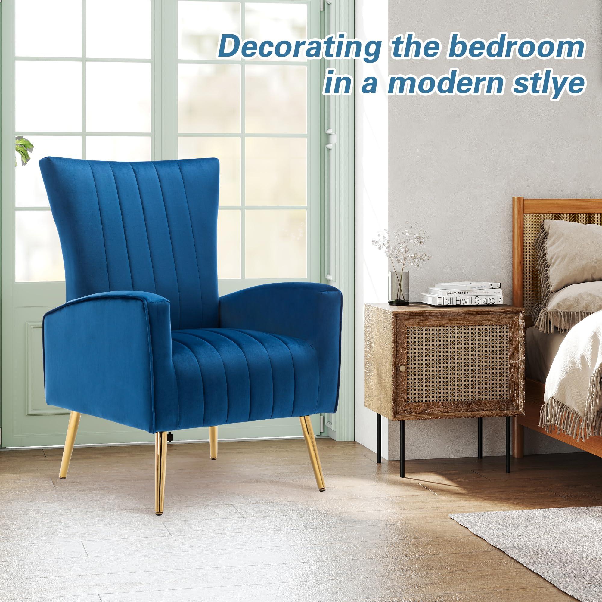 LSSPAID LSSPAID Velvet Accent Chairs Set of 2, Modern Fabric Upholstered Living Room Chairs Armchairs with Wing Back and Metal Legs, Navy Blue