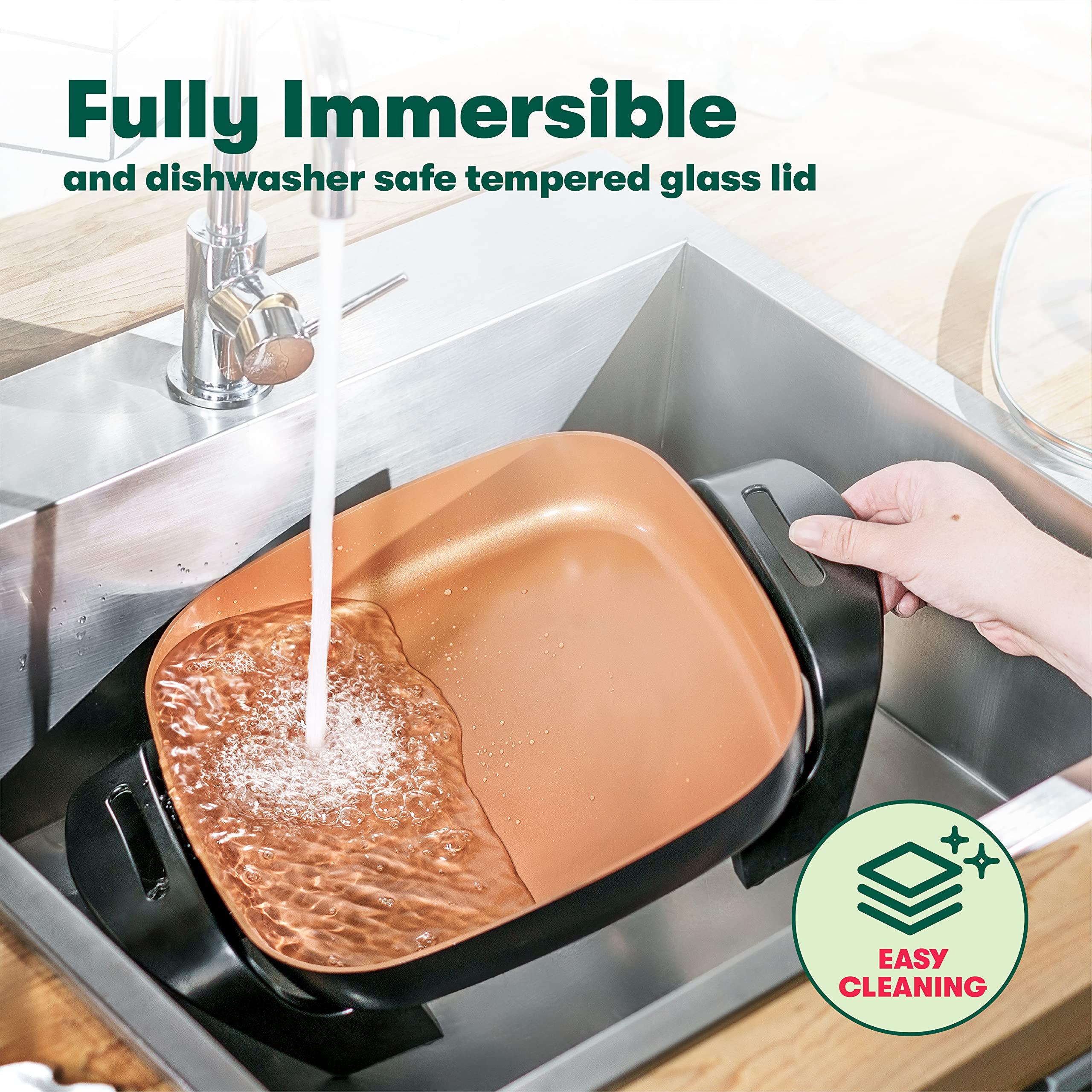 BELLA BELLA Electric Skillet and Frying Pan with Glass Lid, Nonstick Coating, Cool Touch Handles, Removable Heating Probe, Dishwasher Safe, 12 x 12 inch, Copper