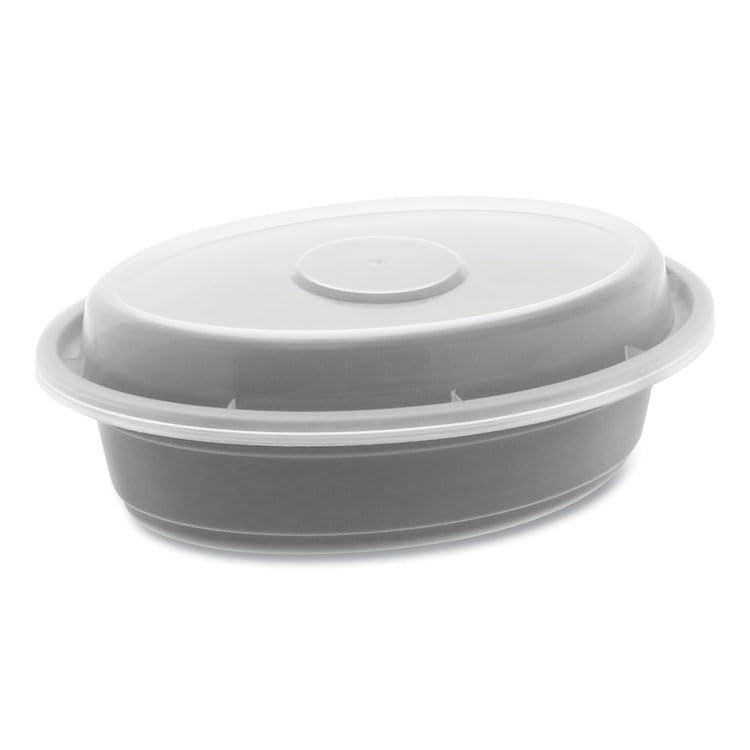Pactiv Evergreen Newspring OC-08B Black 8 oz. VERSAtainer 5.7\" x 4\" x 1.45\" Oval Microwavable Container With Lid 150/