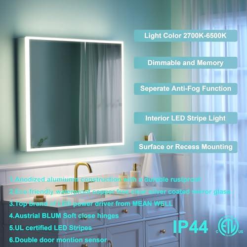 WELLFOR WELLFOR 30\" X 30\" Medicine Cabinet with Lights, 3X Magnification, Anti-Fog Mirrored Cabinet, Bathroom Vanity Medicine Cabinet with Outlets & USB Ports, Double Doors