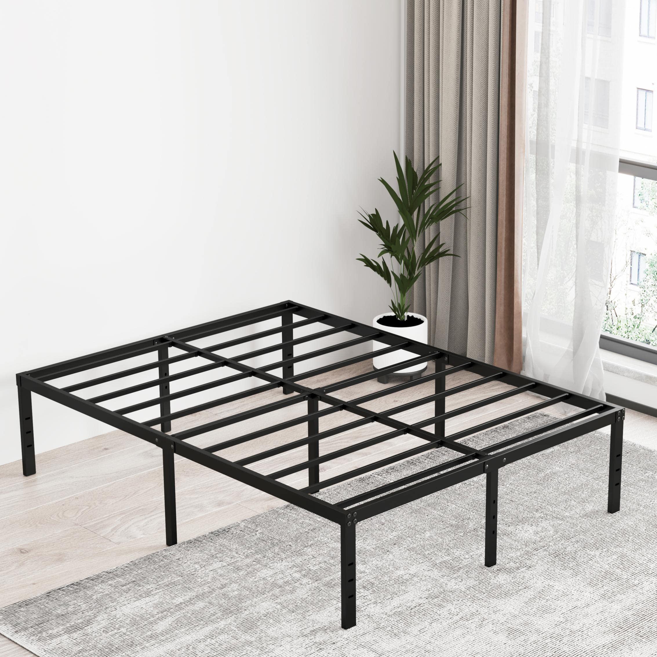 EMODA EMODA Queen Bed Frame No Box Spring Needed 18 Inch Heavy Duty Metal Tall Platform Bed Frame Queen Size with Large Storage Space, Easy Assembly, Black