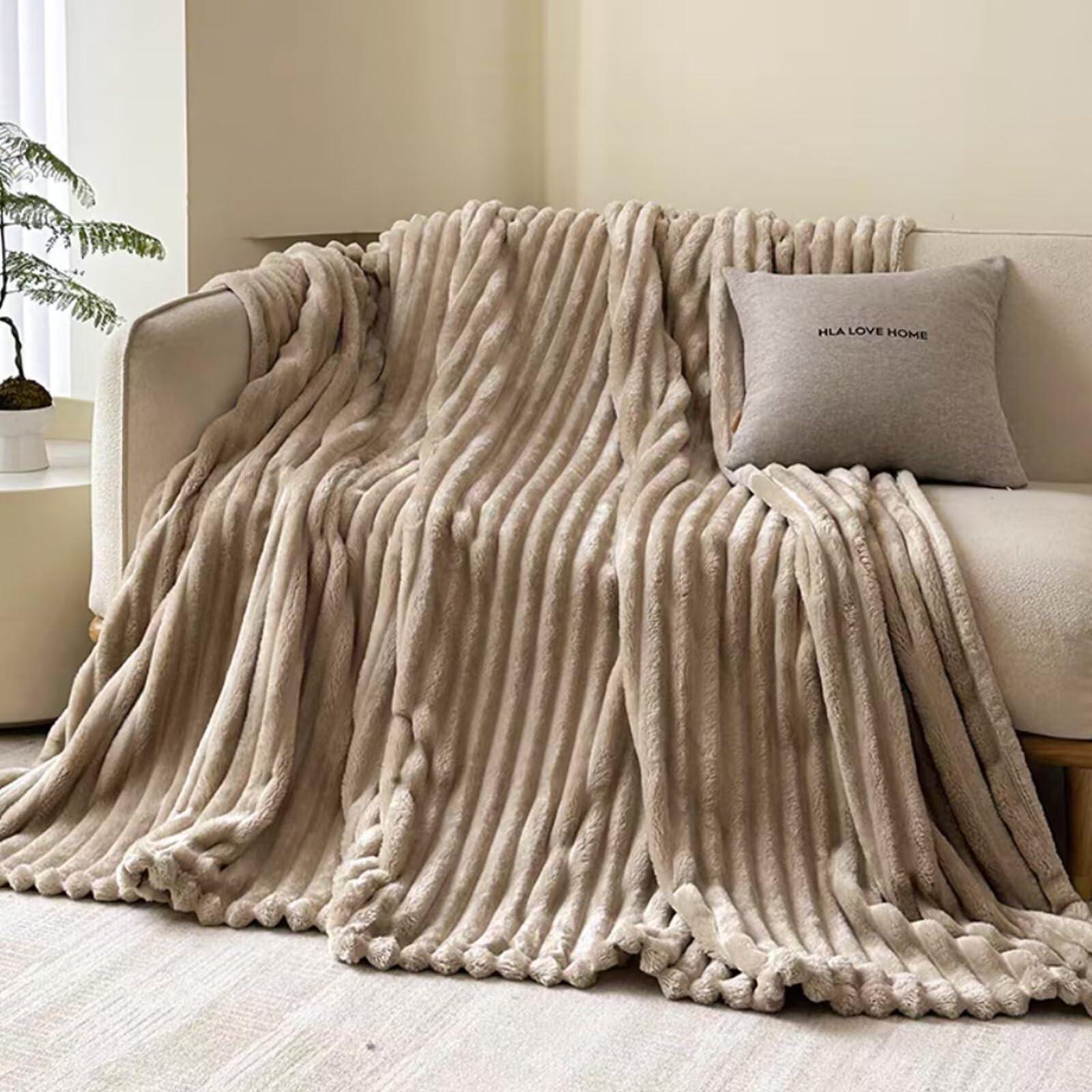 PIPRE PIPRE Throw Blanket for Couch - Super Soft & Warm Striped Fleece Blanket, Cozy Plush Fluffy Blanket All Season Use (Khaki, 40x60 Inches)