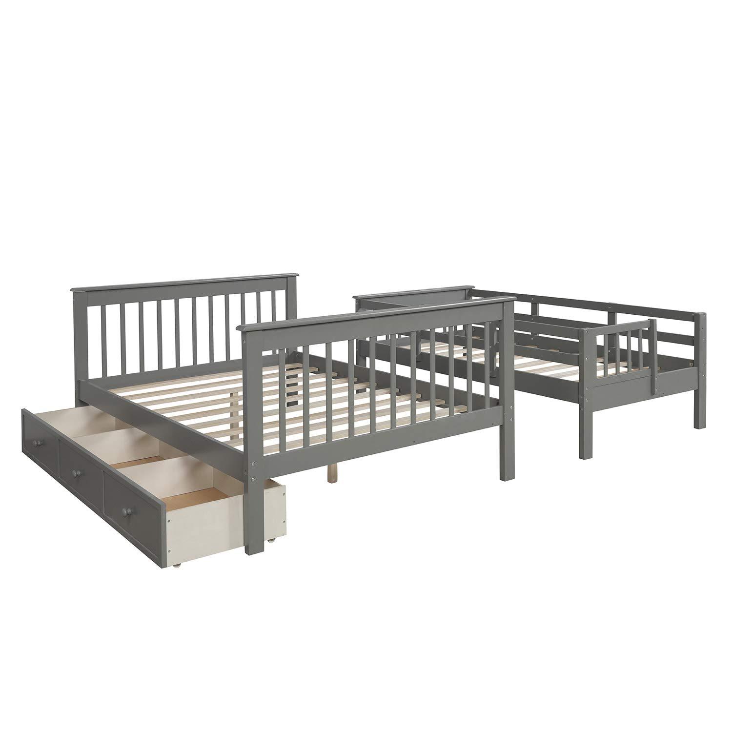 RUNNA Stairway Bunk Bed with 3 Drawers, Solid Wood Twin Over Full Bunk Bed with Storage Shelf and Guard Rail for Kids/Adults, Can be Divided Into Two Individual Beds, No Box Spring Needed (Gray)