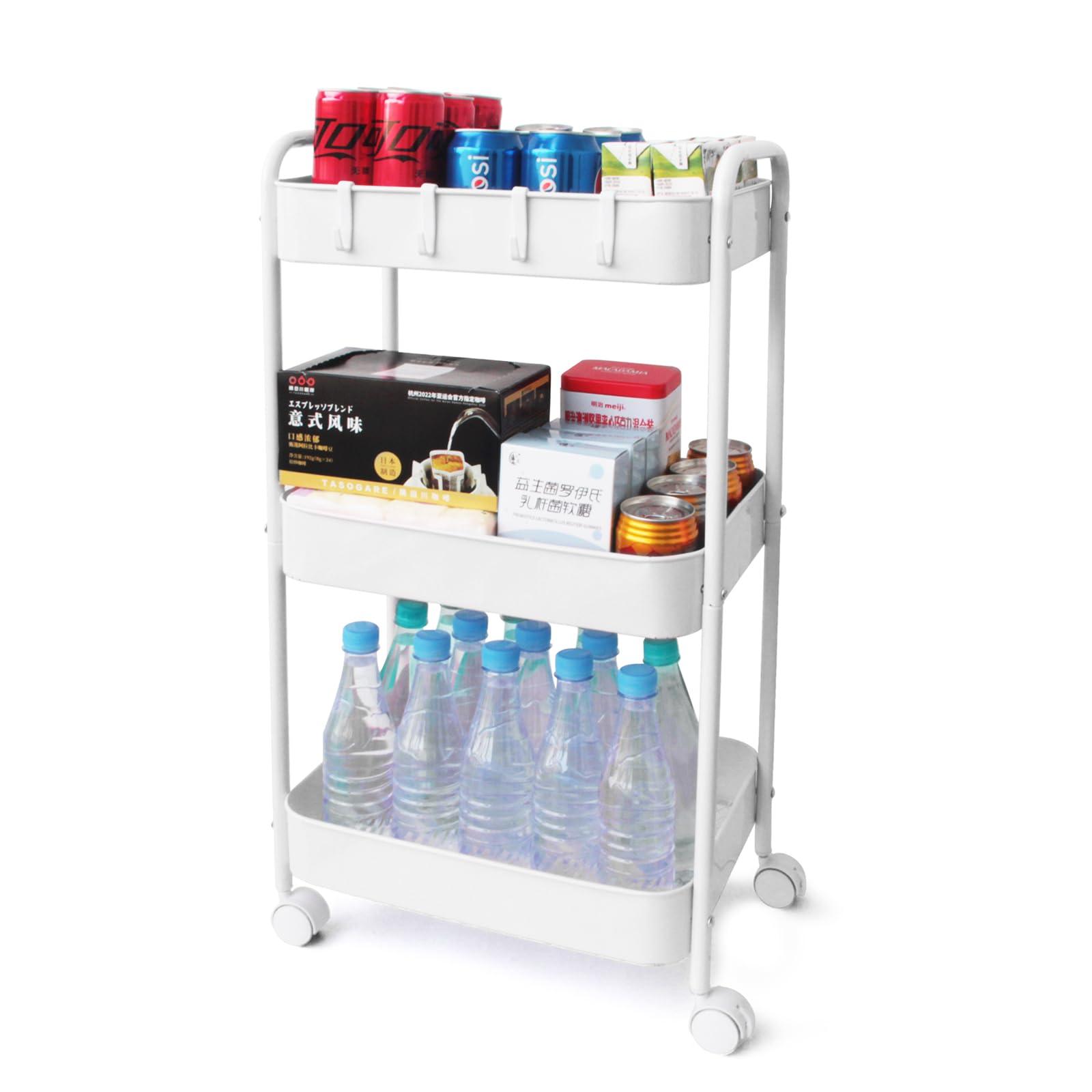 Ufriandz Ufriandz Metal Utility Cart with Wheels, Three Tier Rolling Cart Storage Organizer Trolley with Handle, Heavy Duty Mobile Shelving Units for Kitchen Home Laundry Office Art Bedroom Salon, White