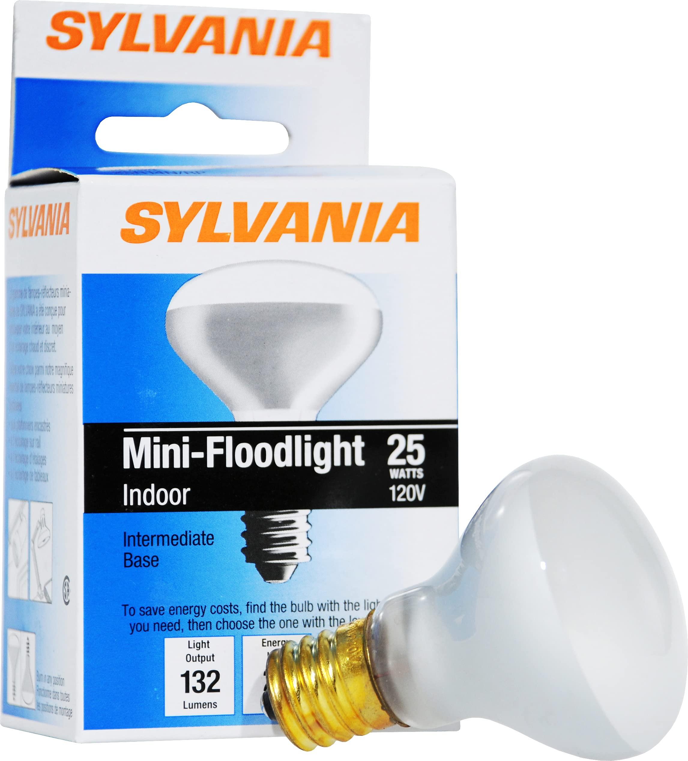 LEDVANCE SYLVANIA Mini-Floodnight Incandescent Bulb, 25W R14, Intermediate Base, Reflector, 130 Lumens, 2850K, 120V, Frosted - 1 Pack (14784), Warm White