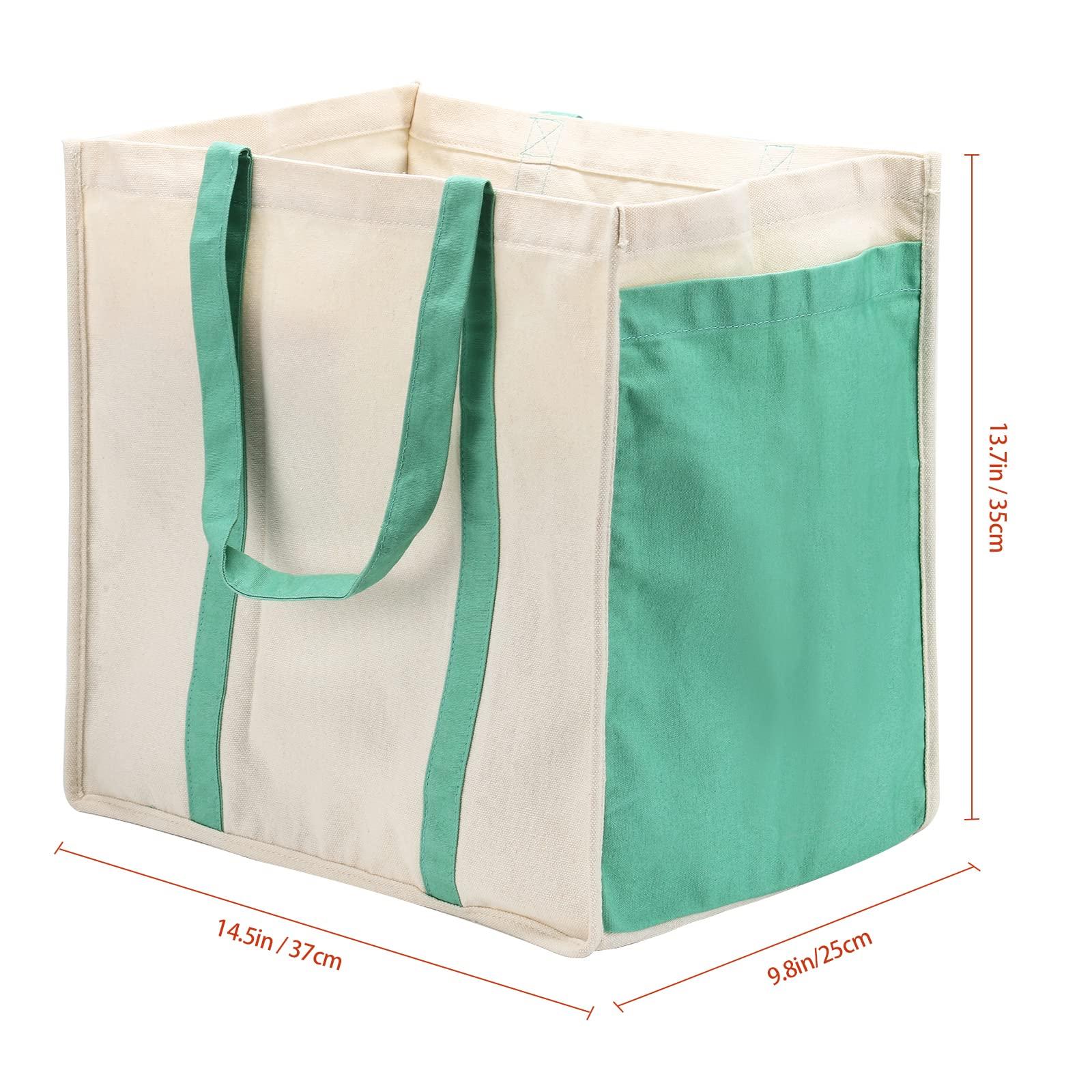 Anleo Anleo Reusable Cotton Canvas Grocery Tote Bags with Side Pockets, Large Utility Tote Bag for Shopping, Beach, Picnic (Black+Green)