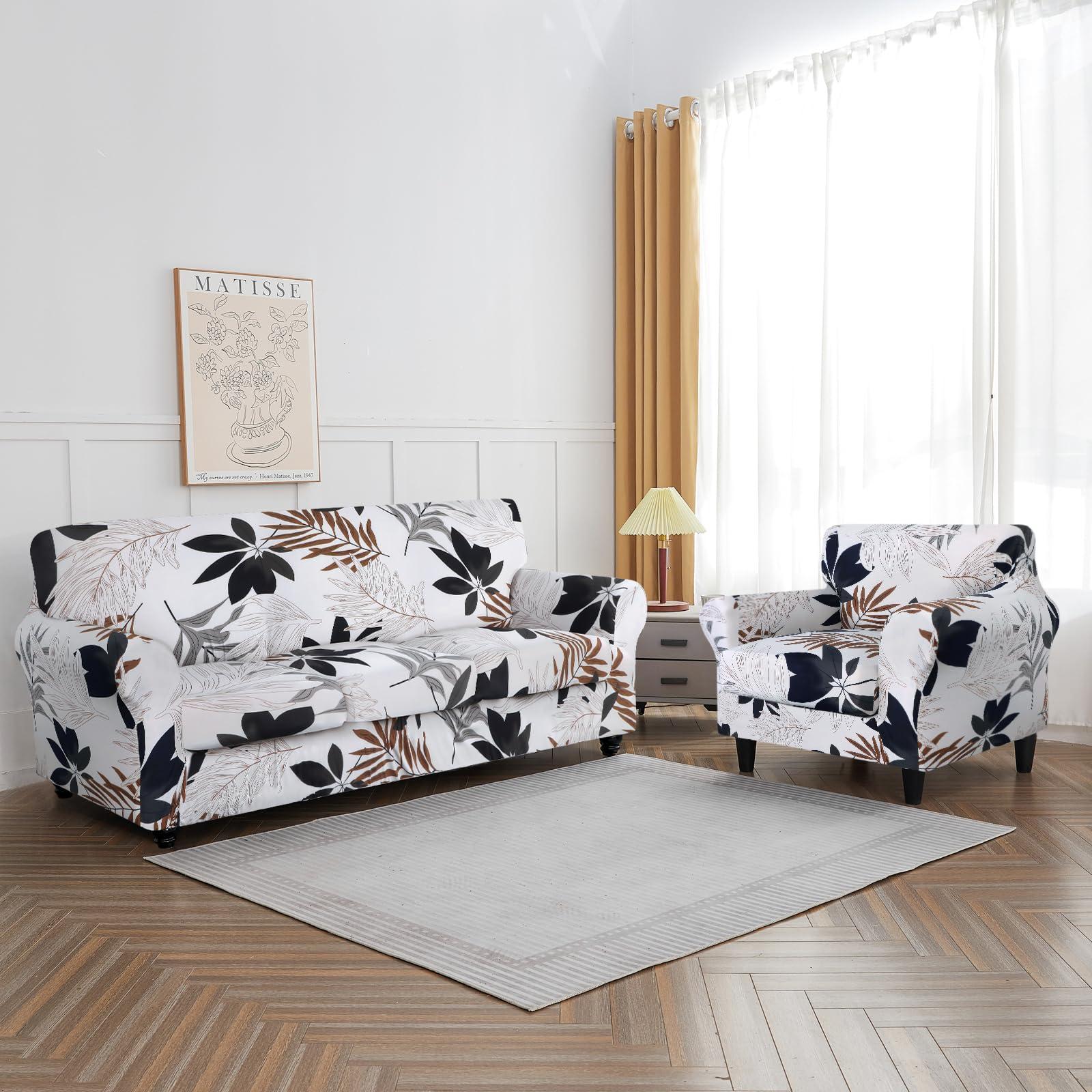 SearchI SearchI Stretch Sofa Cover Printed Couch Cover, Floral Pattern 3 Pieces Loveseat Slipcover with 2 Separate Cushion Cover, Washable Furniture Protector for Living Room(Loveseat, Maple Leaf Pattern)