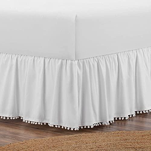 Silver Cotton Full Size Pom Pom Ruffle Daybed Skirt 100% Egyptian Cotton, 15 Inch Deep Pocket with Split Corners for Day Beds, Easy Fit, Three Side Coverage, Solid White