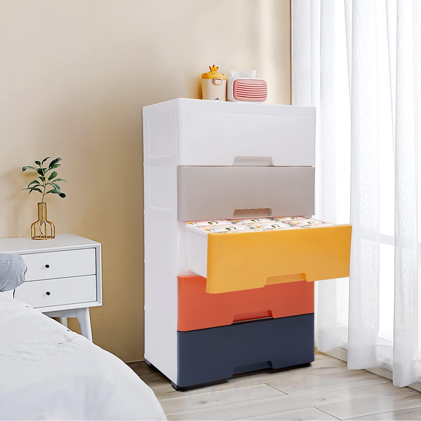 Gdrasuya10 Plastic Drawers Dresser, Storage Cabinet with 5 Drawers, Organizer Unit Stable Cart on Wheels Waterproof Plastic Cabinet with Locked Drawer for Bedroom Apartment, Five Color Mix (Colorful)
