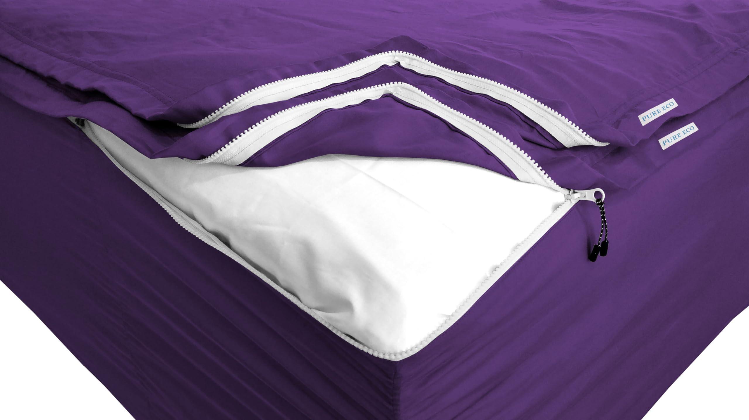 PURE ECO Zipper Fitted Sheet - includes 1 Fitted Sheet Base & 2 Zip-On Sheets - UPTO 16 in. Deep Pockets Queen Size Zipper Fitted Sheet - Easy to Change, Sateen Cotton 600 TC Fitted Sheet - Purple