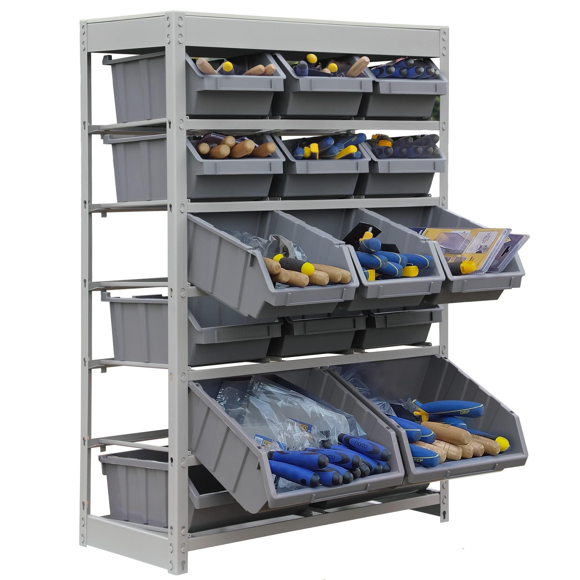 HomeLoft Basics Rack Bin Storage System Heavy Duty Steel Organizer Shelving Unit W/ 16 Plastic Bins in 6 Tiers. Grey Metal