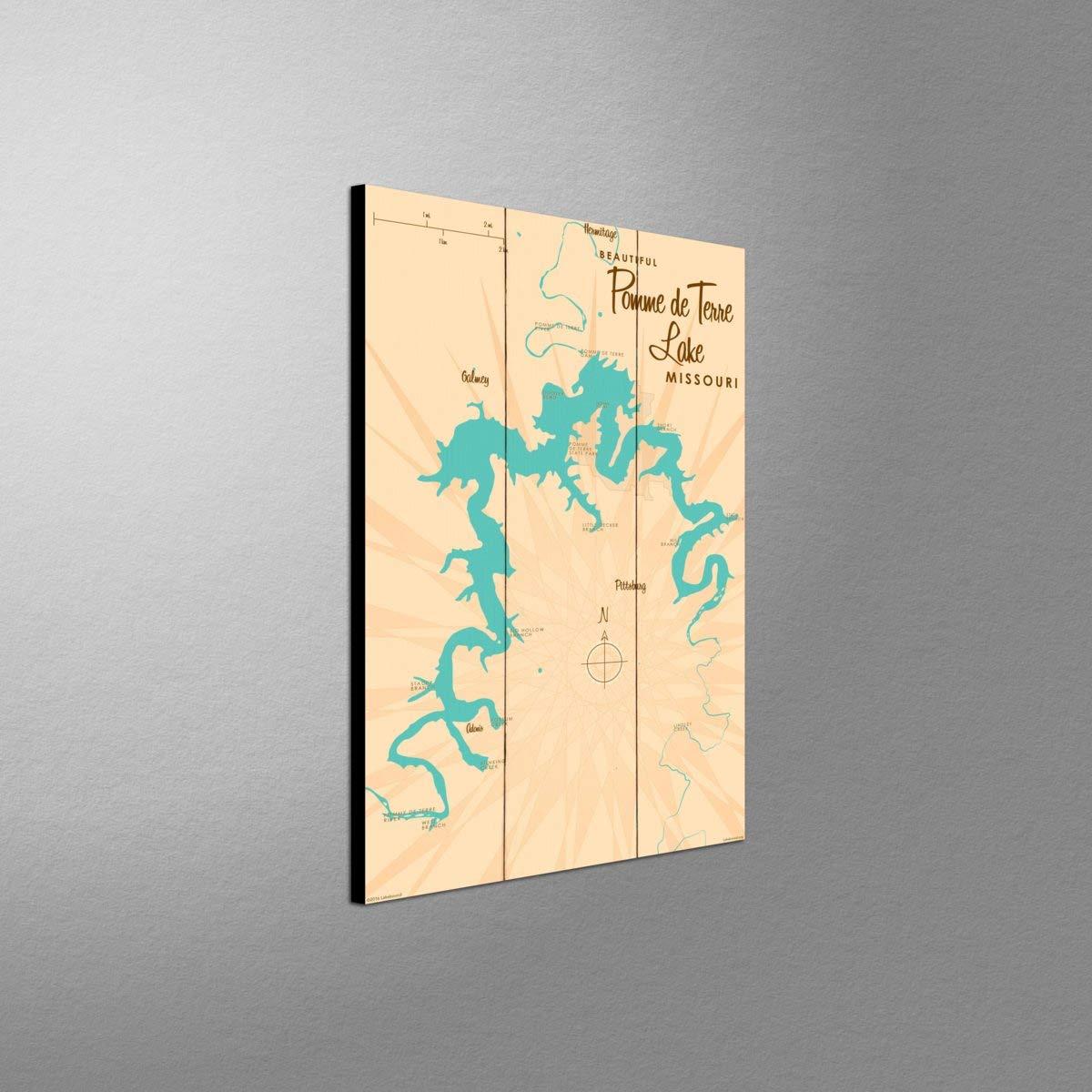 Northwest Art Mall Pomme de Terre Lake Missouri Map Wood Art Print from Illustration by Lakebound 12" x 18"