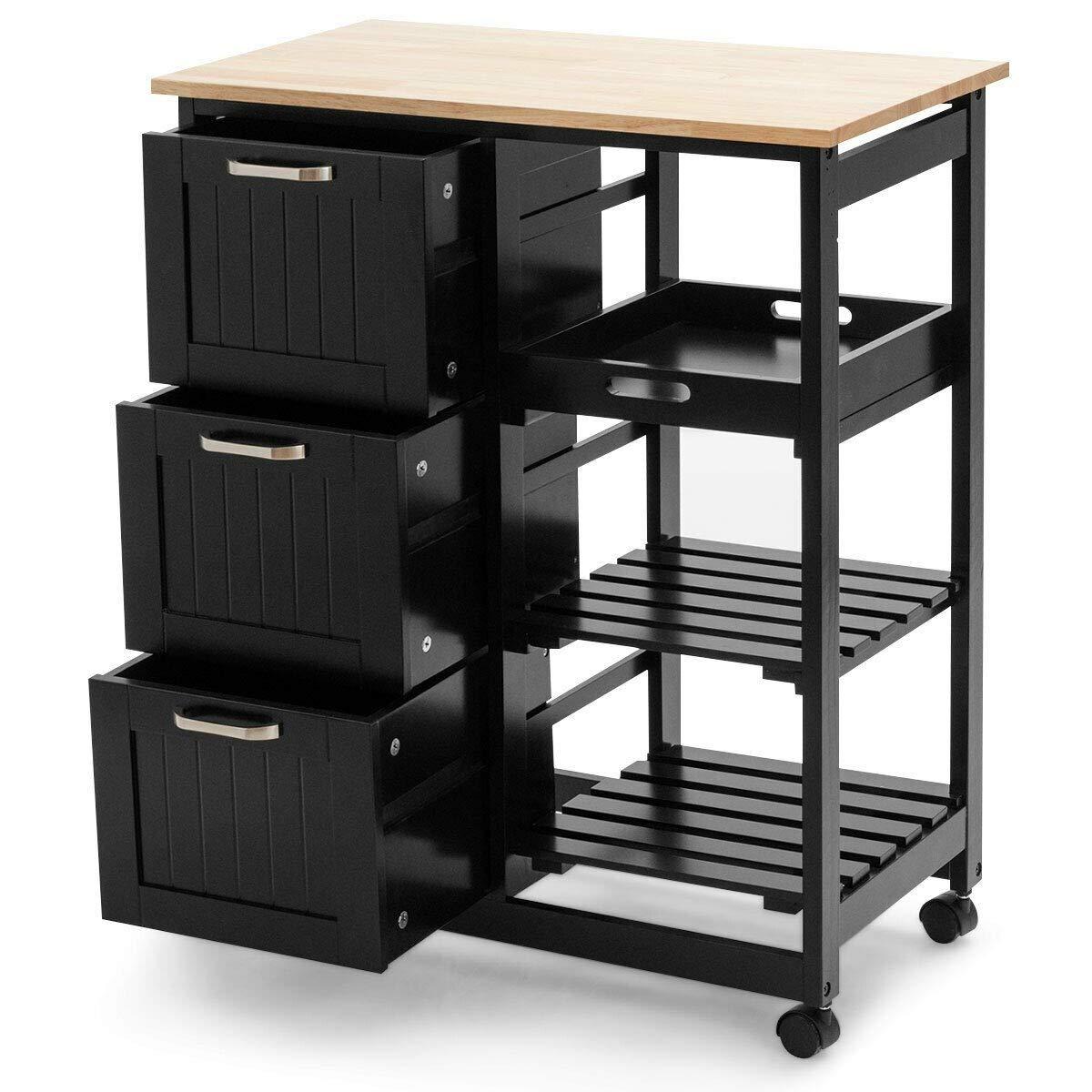LHONE LHONE Rolling Kitchen Island Cart 3-Tier Industrial Wood Trolley Serving Cart Storage Cabinet Utility Cart on Wheels & Three Storage Drawers (Black)