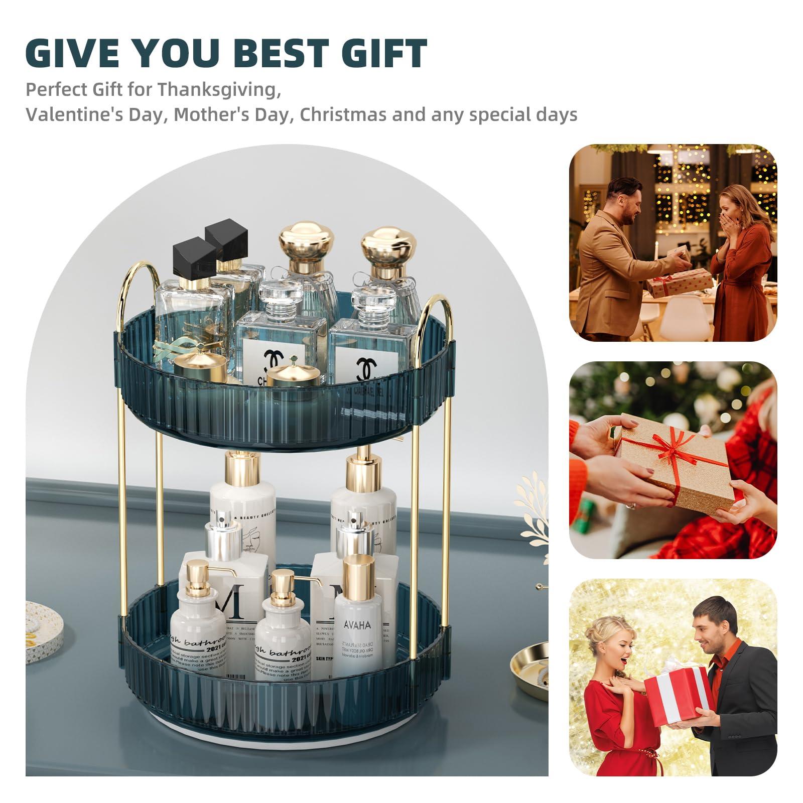 Weidace Weidace 360 Rotating Makeup Organizer for Vanity, Bathroom Countertop Organizer Spinning Perfume Organizer, High-Capacity Cosmetic and Skincare Dresser Make Up Holder Rack (2 Tiers, Blue)