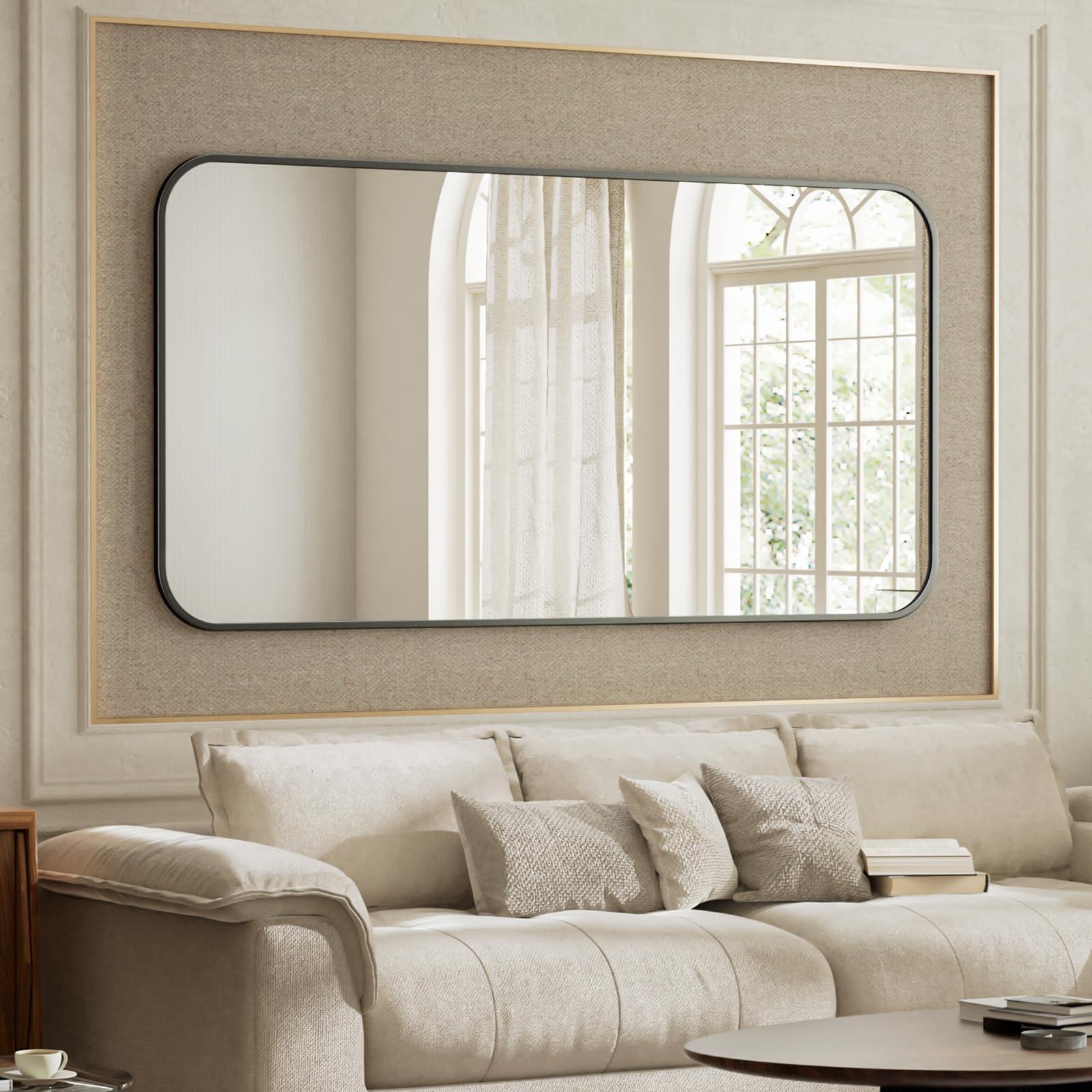 BEAUTYPEAK BEAUTYPEAK 26" x 38" Rectangular Aluminum Alloy Frame Wall Mounted Bathroom Mirror with Rounded Corners, Black