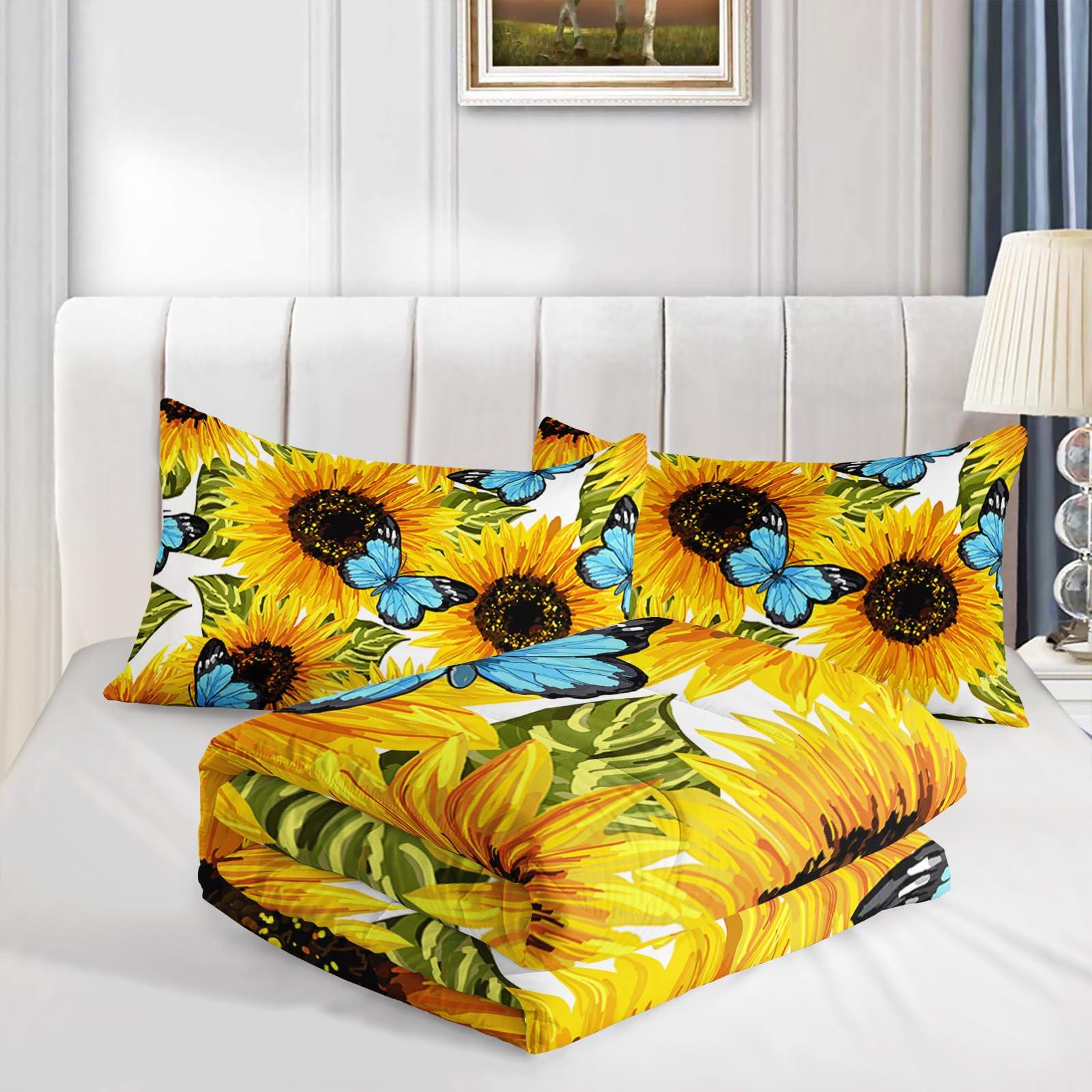 Axolotl Axolotl Sunflower Bedding Set Full,Yellow Sunflowers Comforter Set,Butterfly Bedding Blue Butterflies,Flower Bedding Set,Summer Floral Comforter Set for Girls Kids Teens Adults,1 Quilt 2 Pillowcases