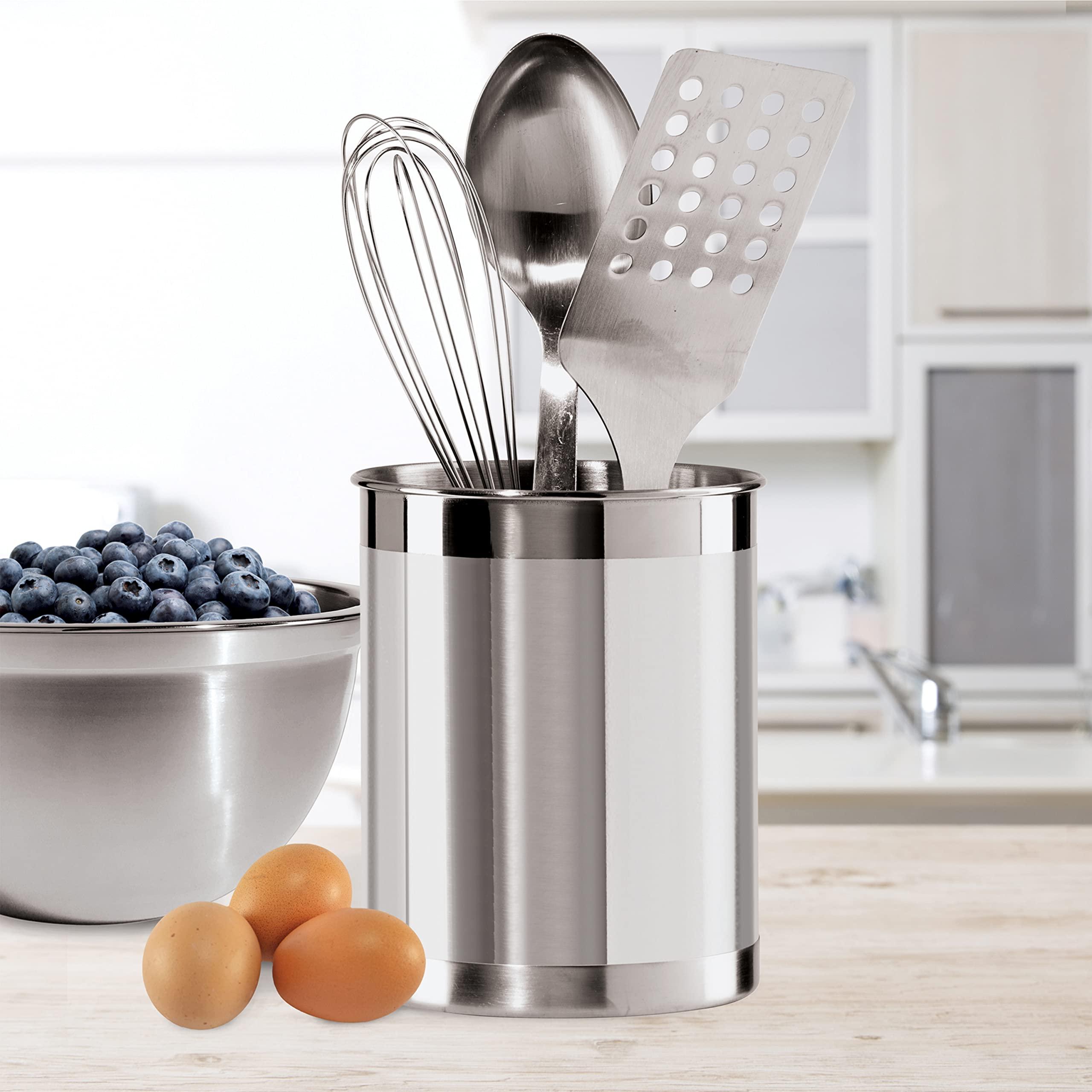 OGGI OGGI Stainless Steel Utensil Holder - 5" Diameter, Utensil Caddy, Weighted Base for Stability - Larger-Sized Utensil Crock and Countertop Utensil Organizer, Stainless Steel
