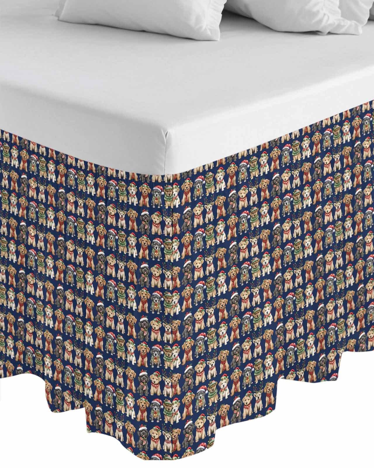 IDOWMAT Christmas Pet Dog Santa Hat Ruffled Bed Skirt,Elastic Wrap Around Bed Skirts for 72x84 Inch Bed, Winter Xmas Ornament Navy Bedskirt with 16 Inch Drop Easy Fit Bed Frame Cover