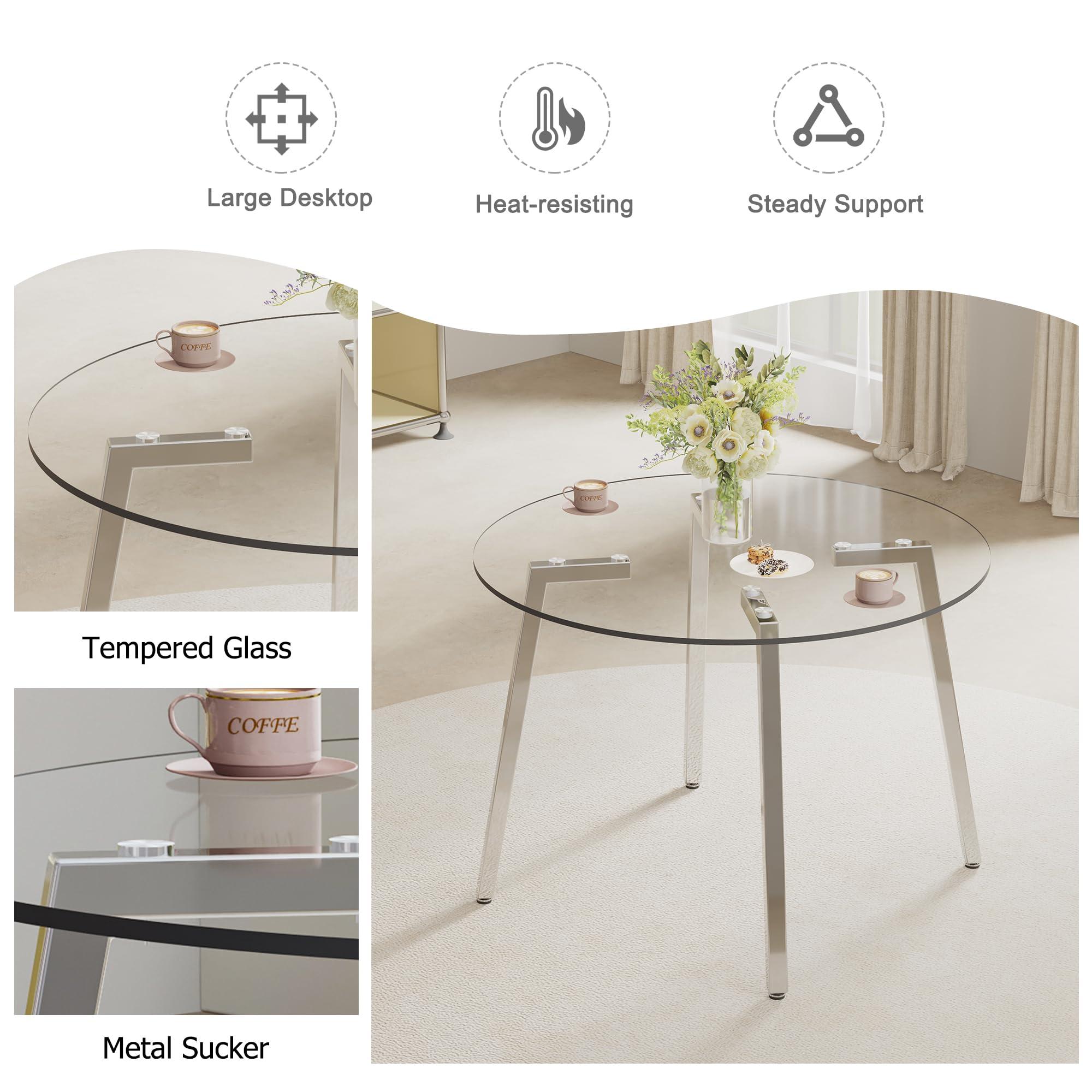 HAIZAO HAIZAO 42 inch Round Glass Dining Table Set for 4, 5 Piece Dining Table Set, Tempered Glass Tabletop with 4 Silver Metal Legs, White PU Faux Leather Chairs with Silver Metal Legs, for Dining Room