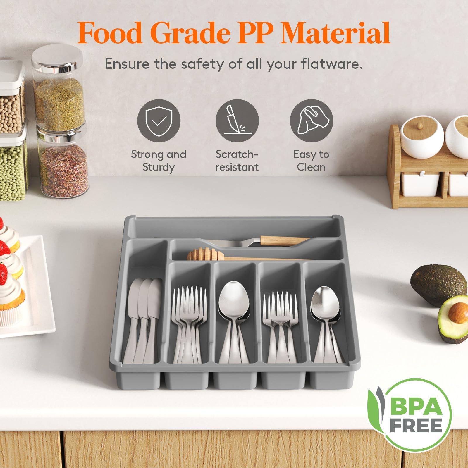 Lifewit Lifewit Silverware Drawer Organizer Tray, Plastic Cutlery Storage for Kitchen Drawer, Flatware and Utensil Holder Divider for Spoons Forks Knives Tableware, 7 Compartment, Gray