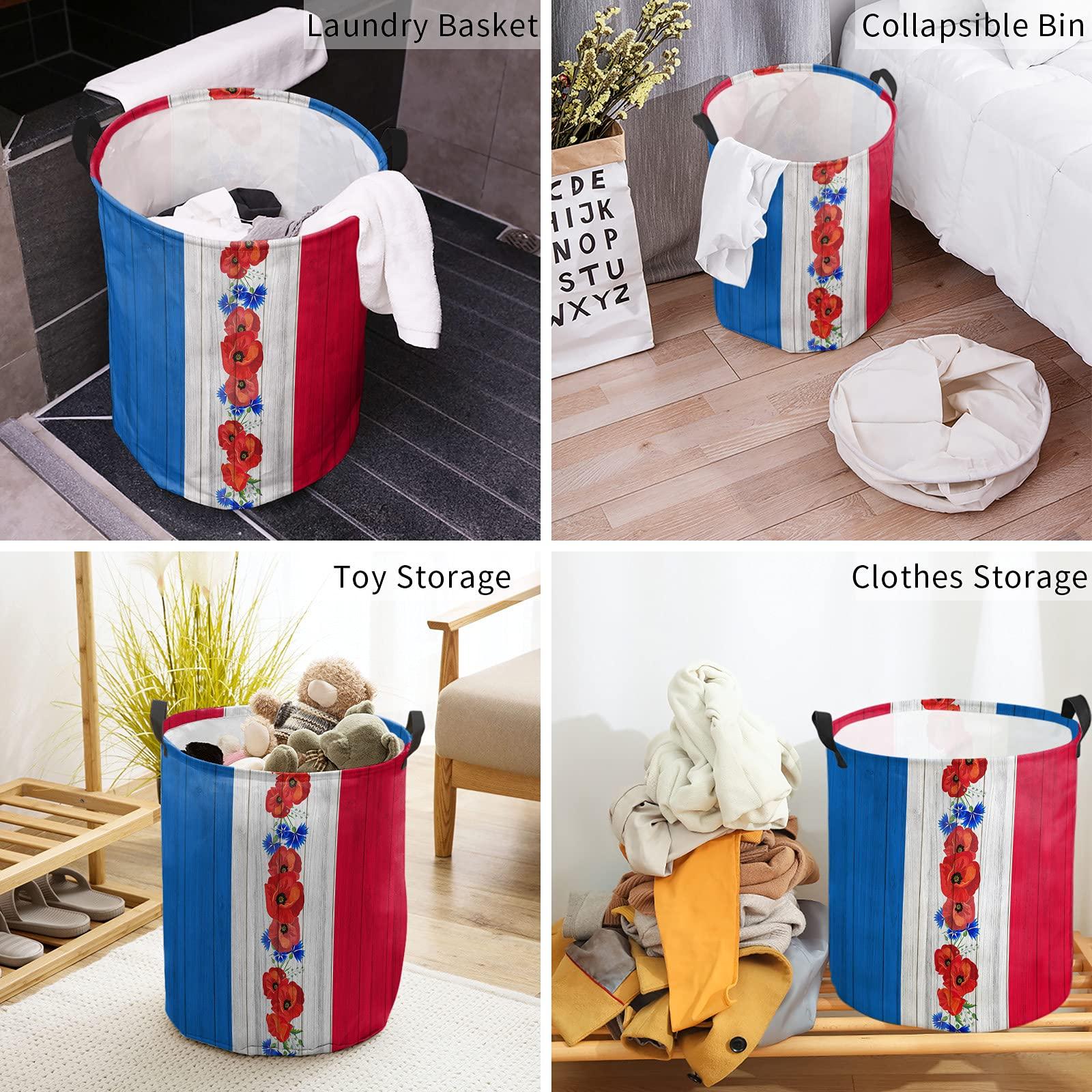 ZOE STORE Blue White Red Line American Independence Floral Large Laundry Basket, Waterproof Laundry Hamper for Clothes, Retro Wooden Poppies Blue Cornflowers Foldable Laundry Baskets, 16.5\'\'x17\'\'