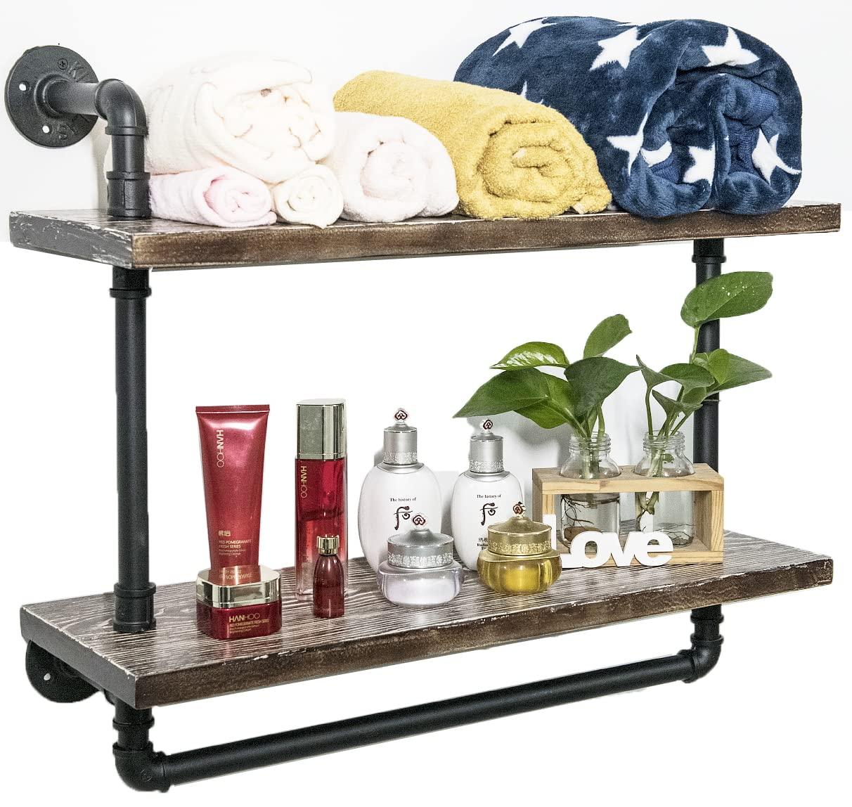 ZYUXUAN Bathroom Pipe Shelves with Towel Bar Industrial Pipe Shelving ,3Tier 24 inch Retro Rustic Farmhouse Pipe Industrial Wall Shelves Bathroom Shelves Over Toilet for Storage