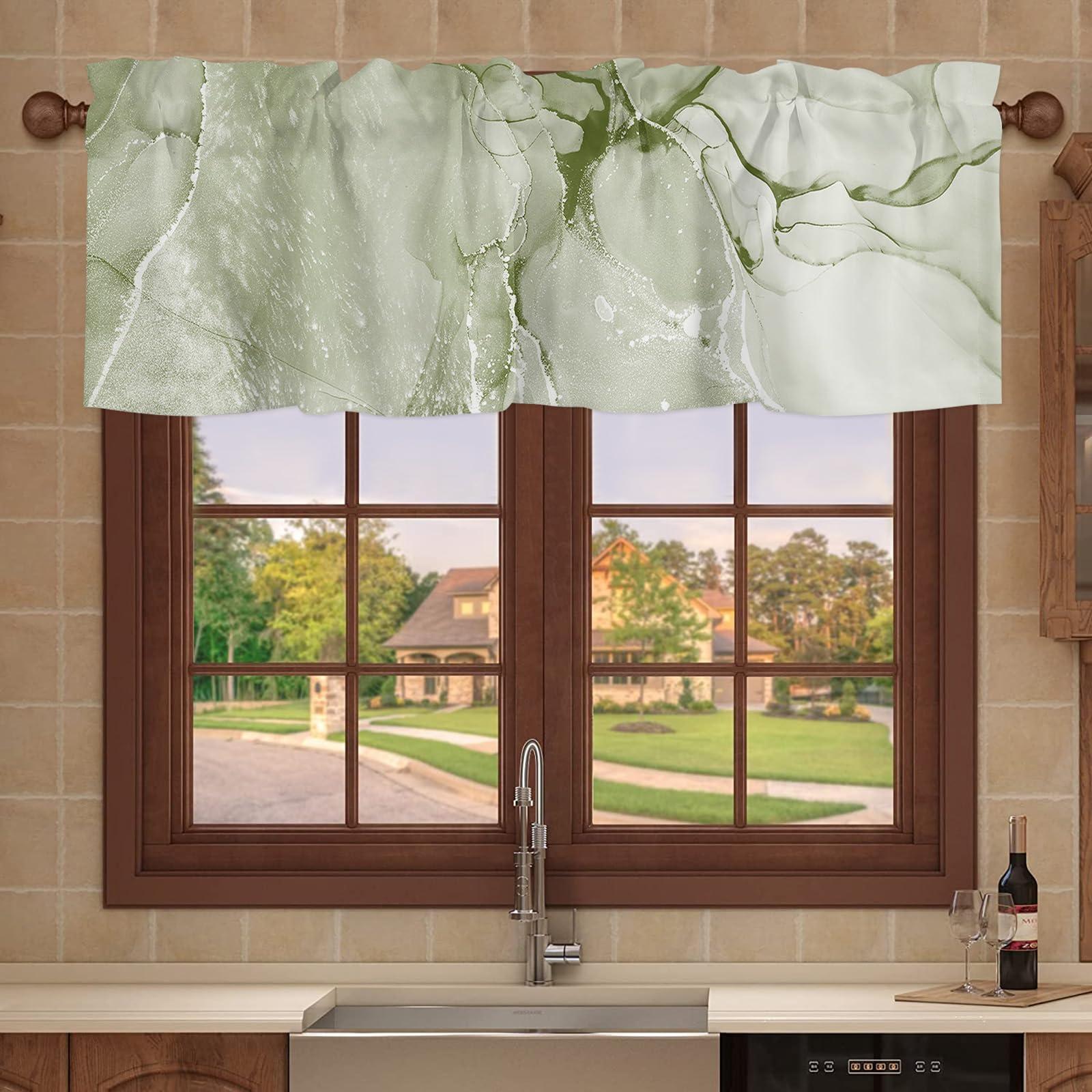 SODIKA SODIKA Sage Green Marble Valance for Windows Kitchen Living Room Valances Rod Pocket Bathroom Small Window Treatment Abstract Chic Elegant Watercolor Curtain 1 Panel, 54 x 18 Inch