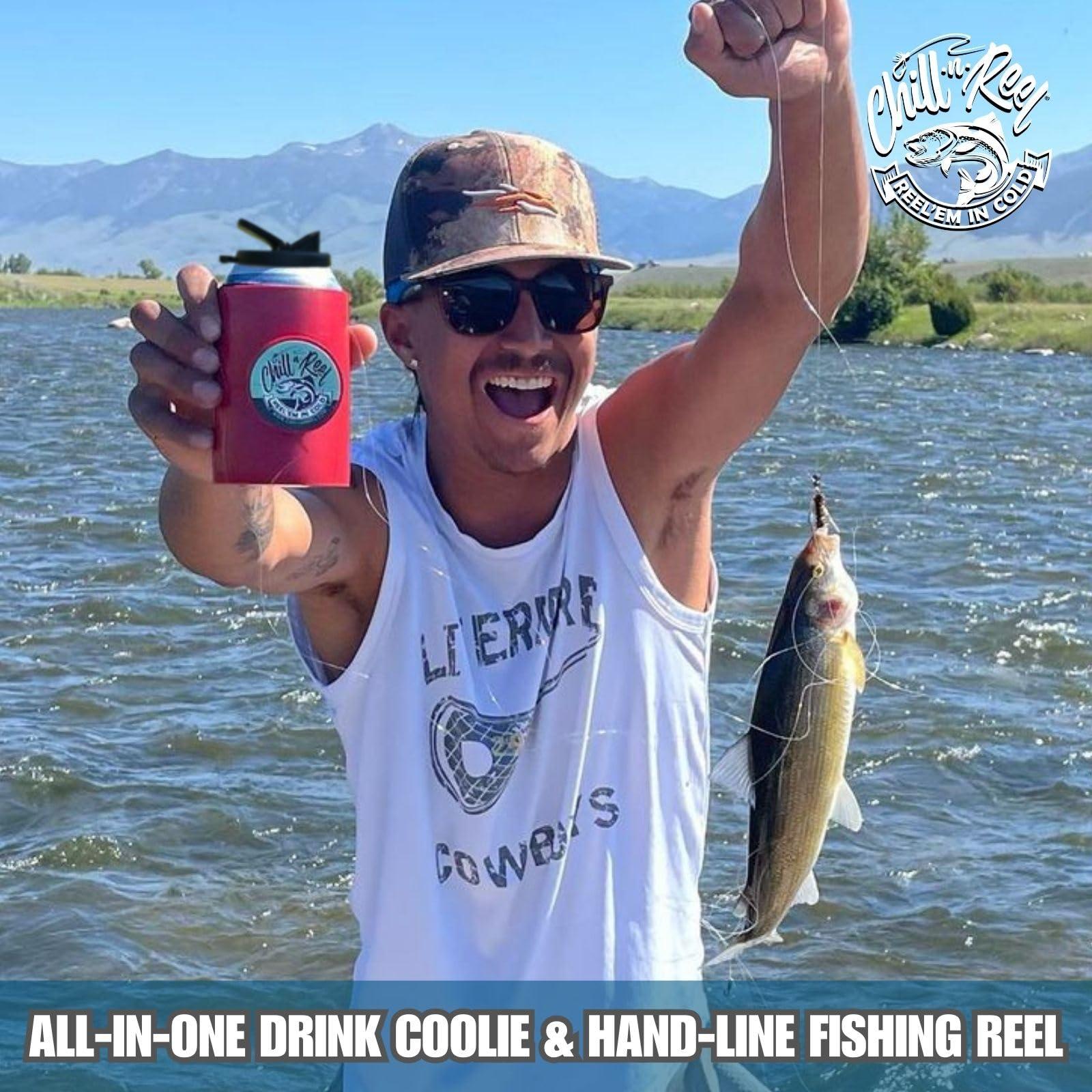 Chill-N-Reel Chill-N-Reel Fishing Can Cooler (from Shark Tank) | Hard Shell Drink Holder with Hand Line Reel Attached | Fits Standard Insulator Sleeves or Coozies | Unique Fun Fishing Gift (Crimson & Spill Guard)