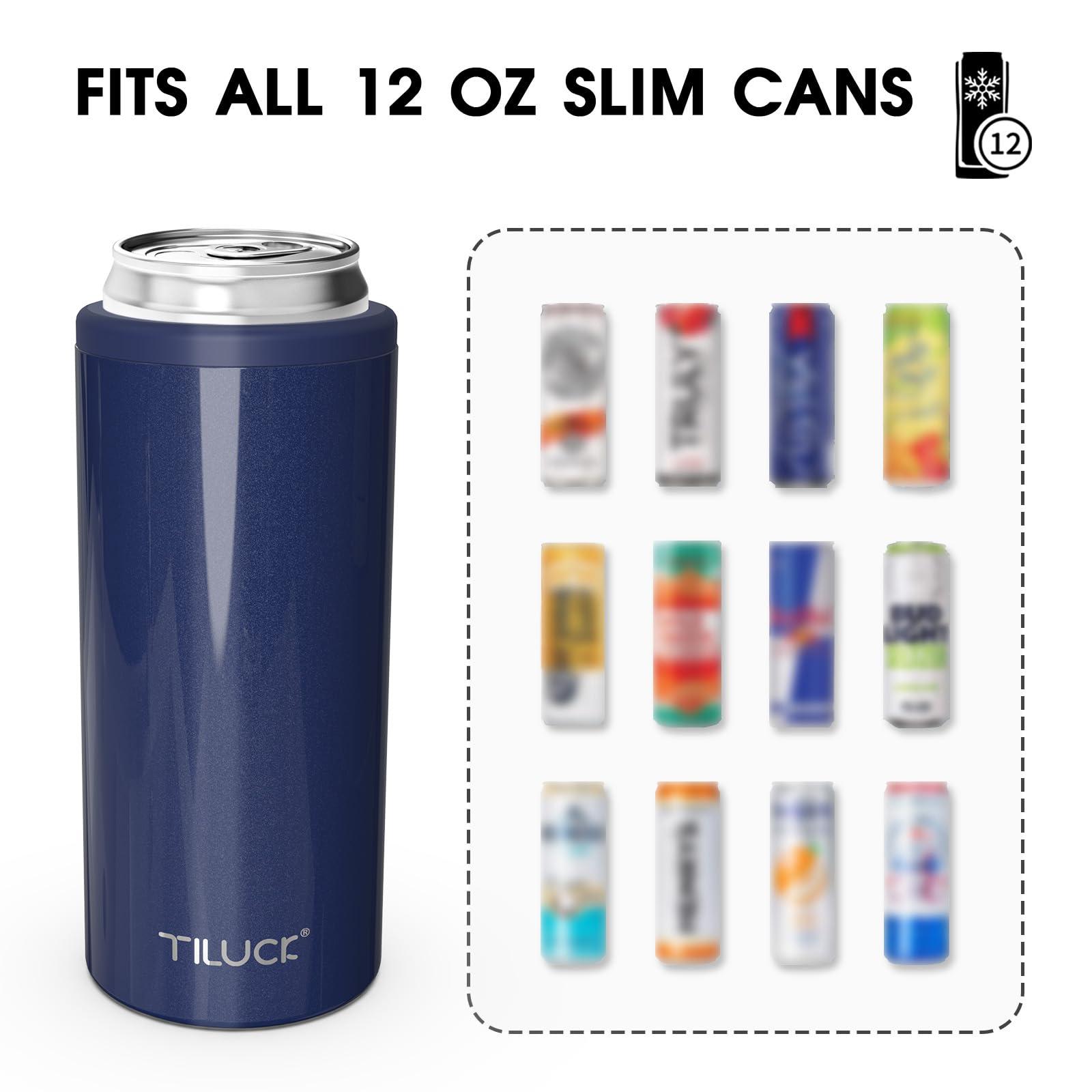 TILUCK TILUCK Skinny Can Cooler for Slim Beer & Hard Seltzer, Stainless Steel, Doucle-Walled Stainless Steel Insulated Slim Cans, Standard 12 oz (Glitter Navy)