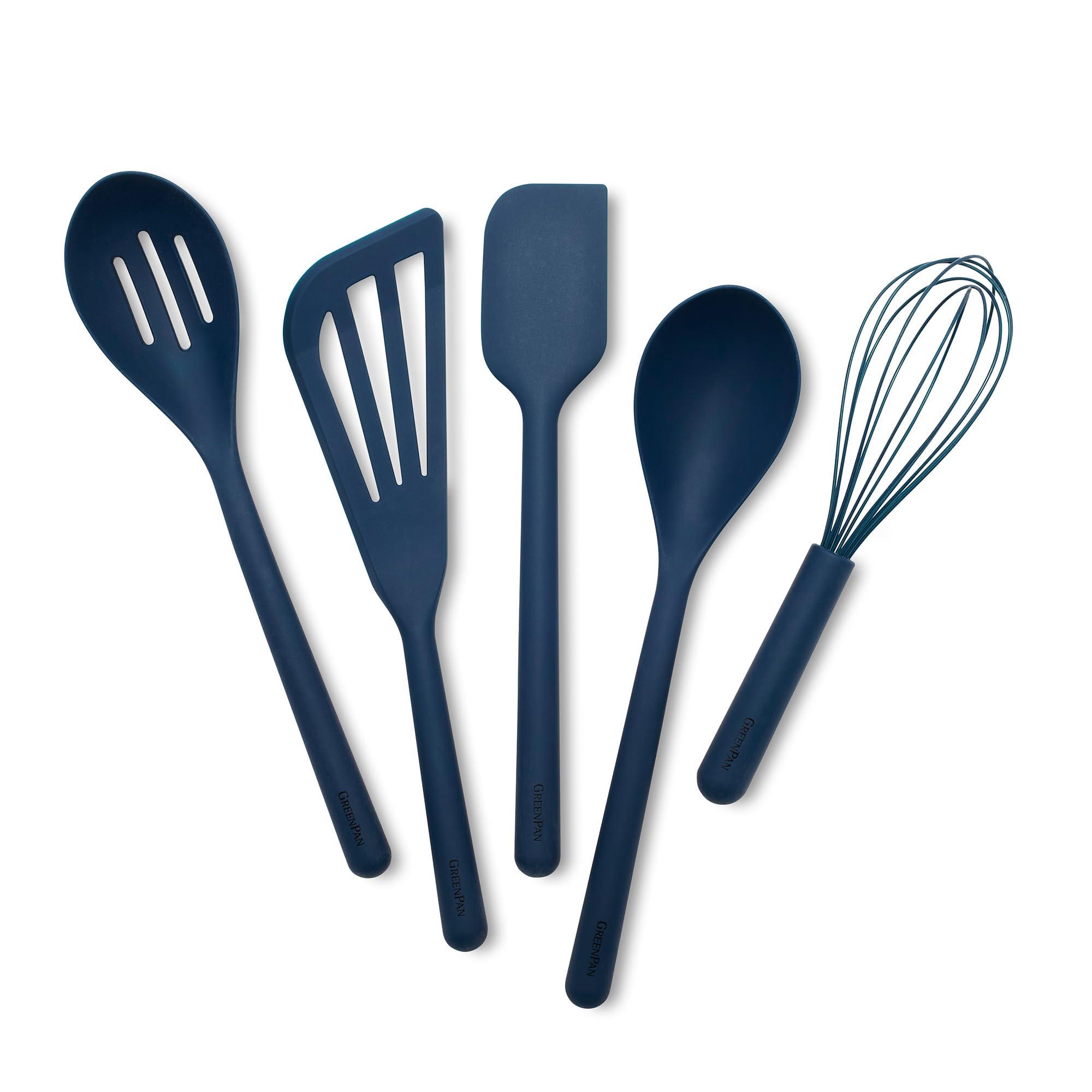 GreenPan GreenPan Silicone 5 Piece Cooking Utensil Set, Slotted & Solid Spoon, Turner, Spatula, Whisk, Flexible Nonstick Kitchen Tools, Steel Core, Heat-Resistant Anti-Slip Handle BPA-Free Dishwasher Safe Blue