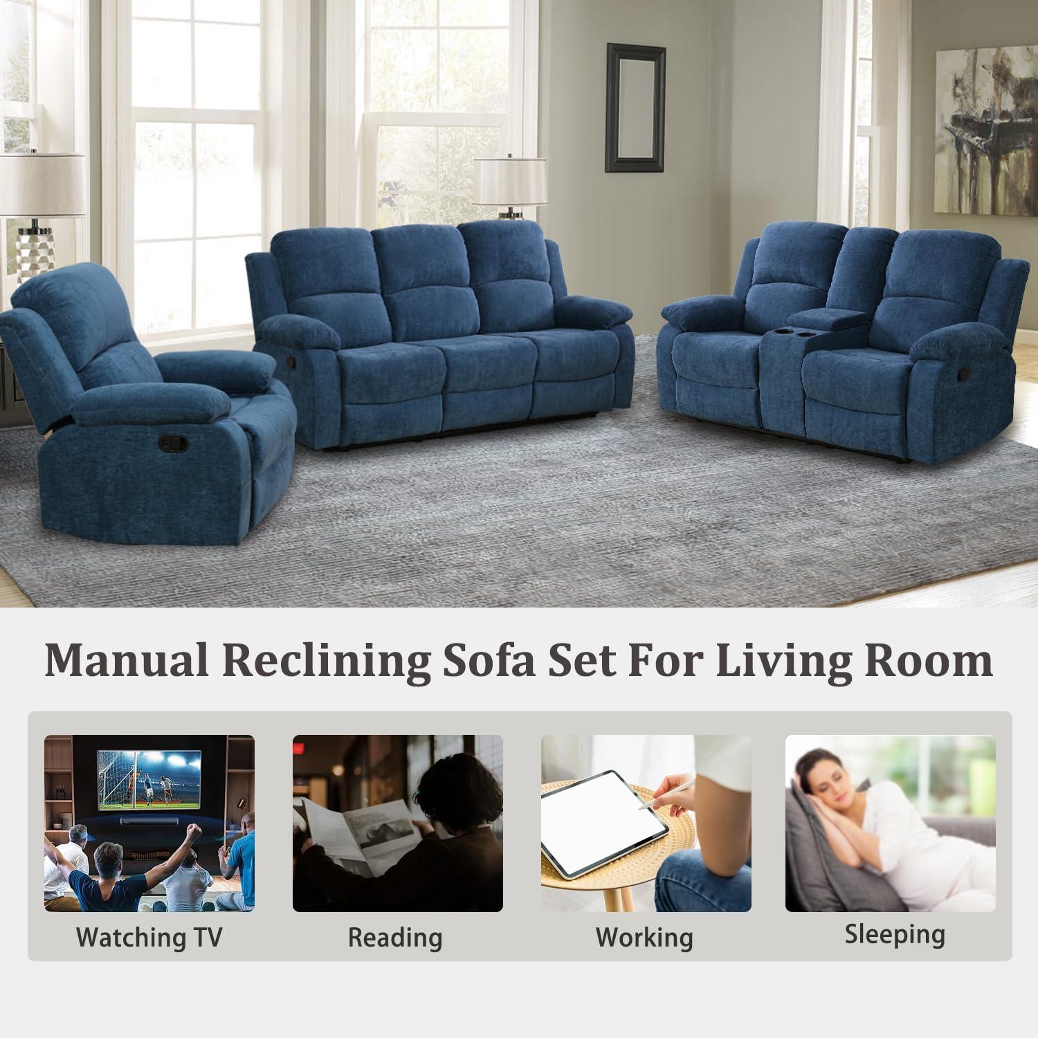 GEBADOL GEBADOL Manual Recliner Sofa, 3 Seater Reclining Sofa, Blue Flannel Recliner Couch for Living Room