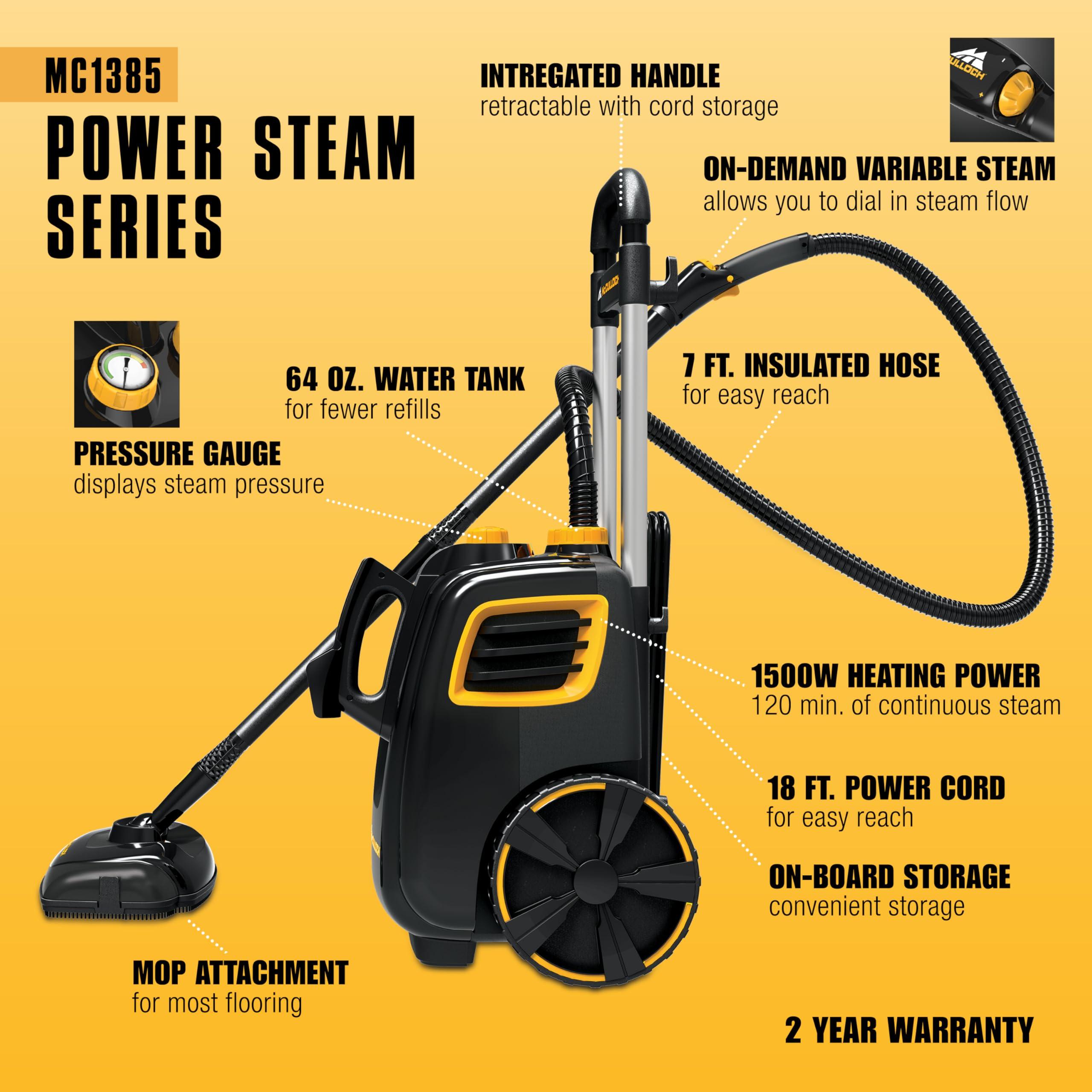 McCULLOCH McCulloch MC1385 Deluxe Canister Steam Cleaner with 23 Accessories, Chemical-Free Pressurized Cleaning for Most Floors, Counters, Appliances, Windows, Autos, and More, 1-(Pack), Black
