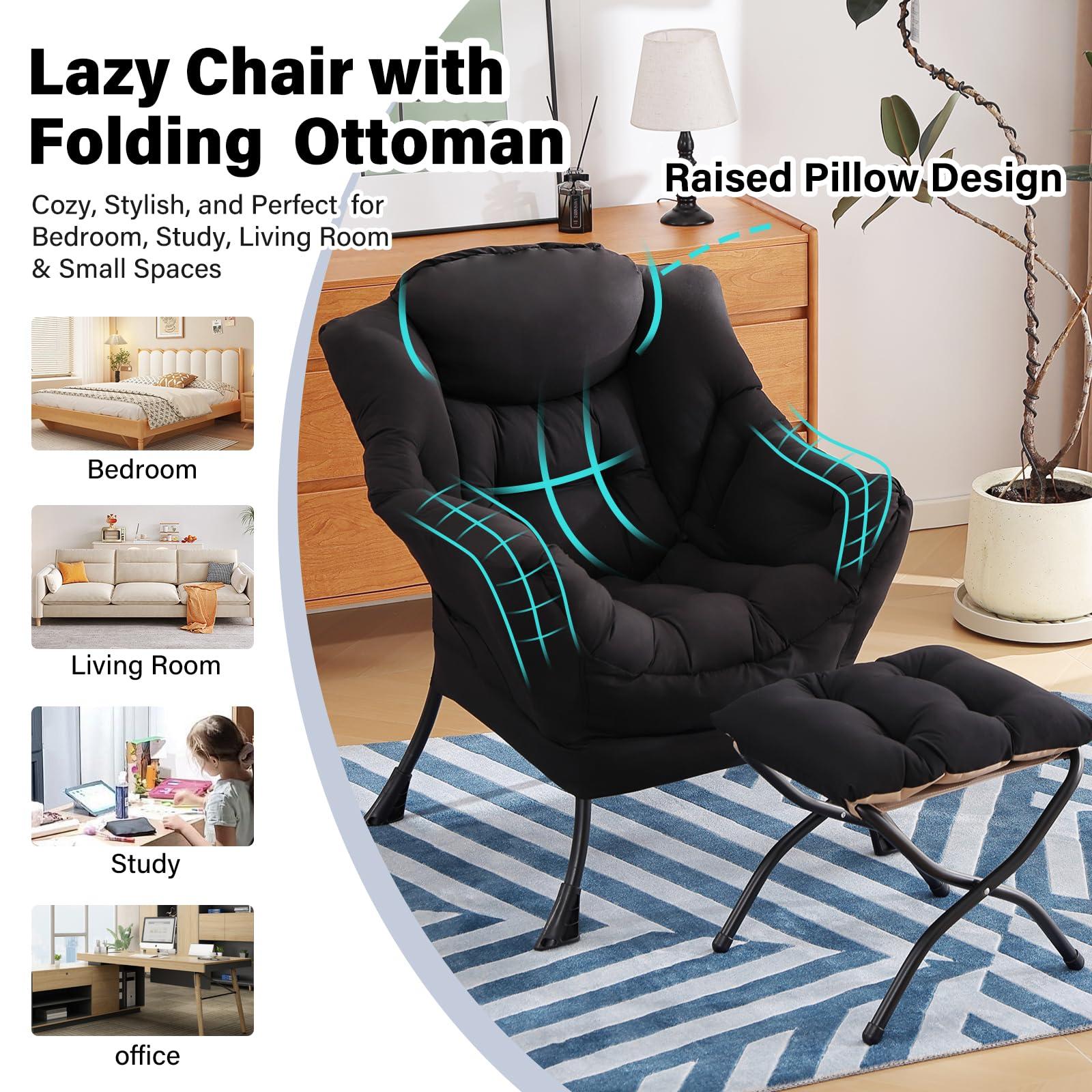 Furlide Furlide Lazy Chair with Ottoman, Modern Chair with Folding Footrest, Lounge Accent Chair, Comfortable Reading Chair (Black)