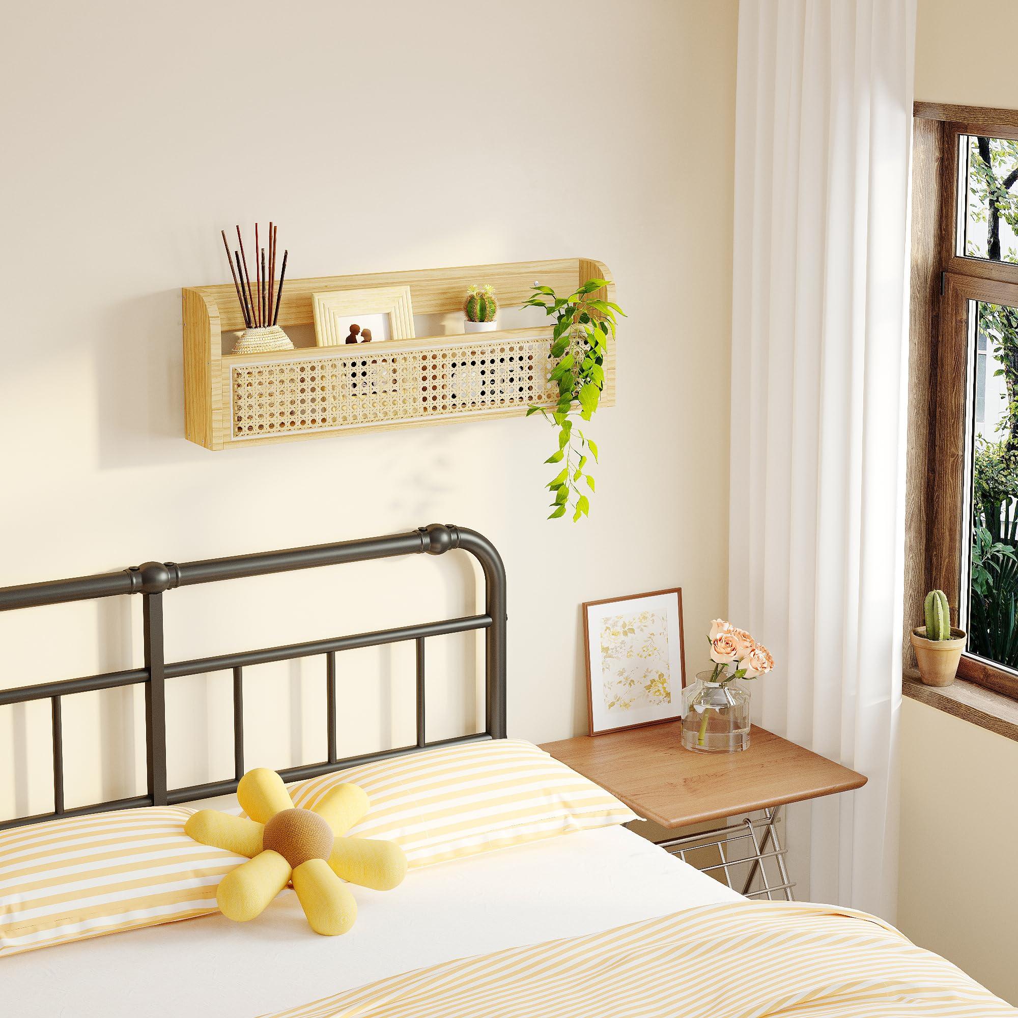 Ecowillon Ecowillon Wooden Rattan Wall Shelf - 24 Nursery Hanging Book Shelves for Wall, Picture Ledge Wicker Shelf, Boho Decorative Shelves for Netural Nursery Decor, Floating Rattan Shelf for Office,Bedroom