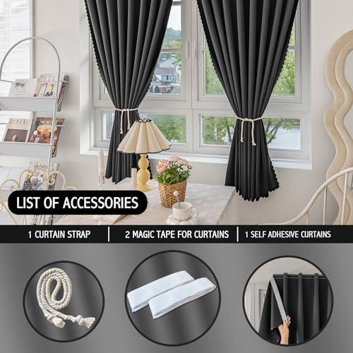 Jilron Jilron Magic Tape Stick on Curtains Blackout Curtains for Bedroom no Drillng Self Adhesive Curtain no Rod Small Window (Black, 35" W x 59" L) 2 Panels