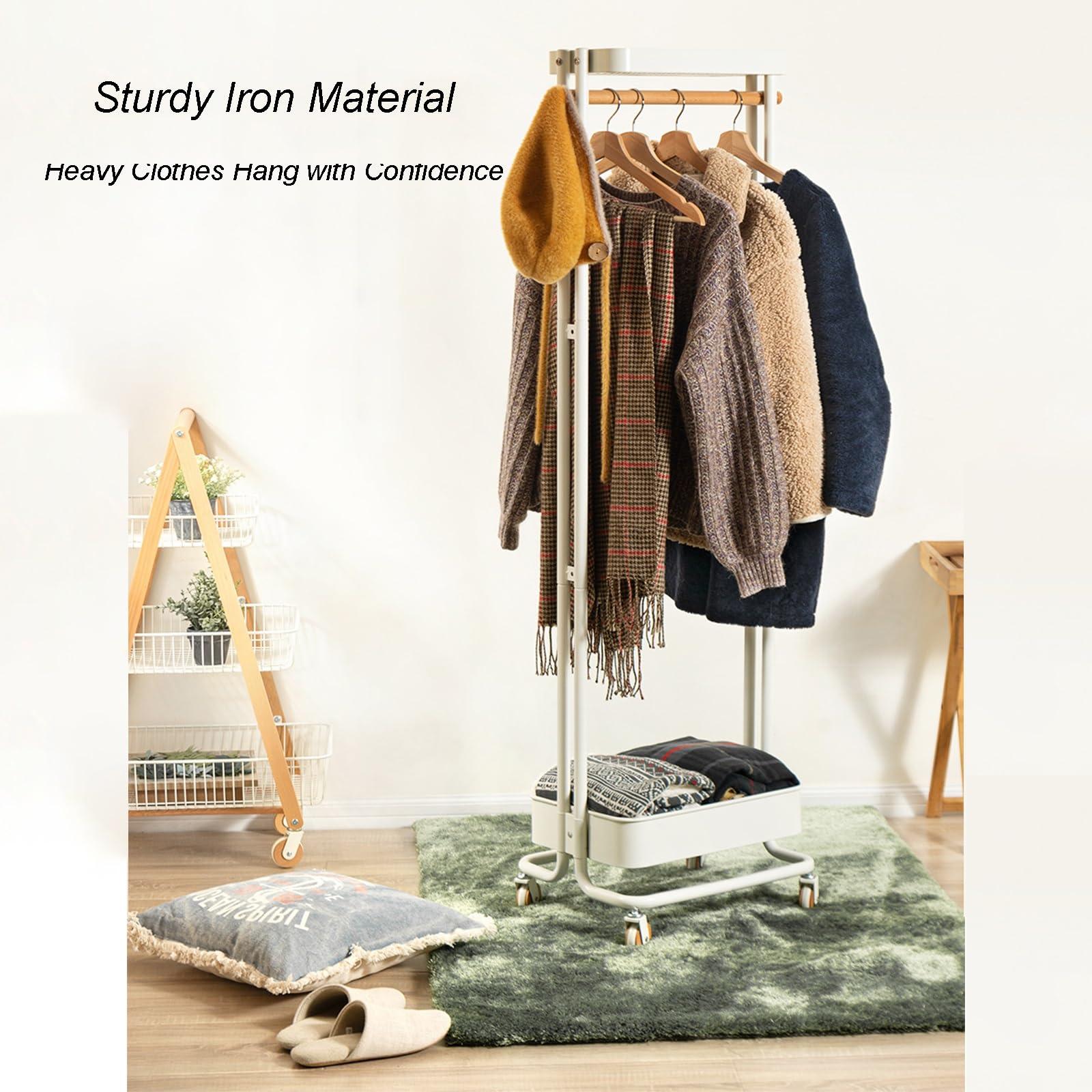 GeRRiT GeRRiT Metal Clothes Rack Vertical Hanging Clothing Rack Movable With Pulleys Coat Rack Floor-Standing Storage Racks With Double Storage Basket For Bedroom Living Room Entrance (Color : White)