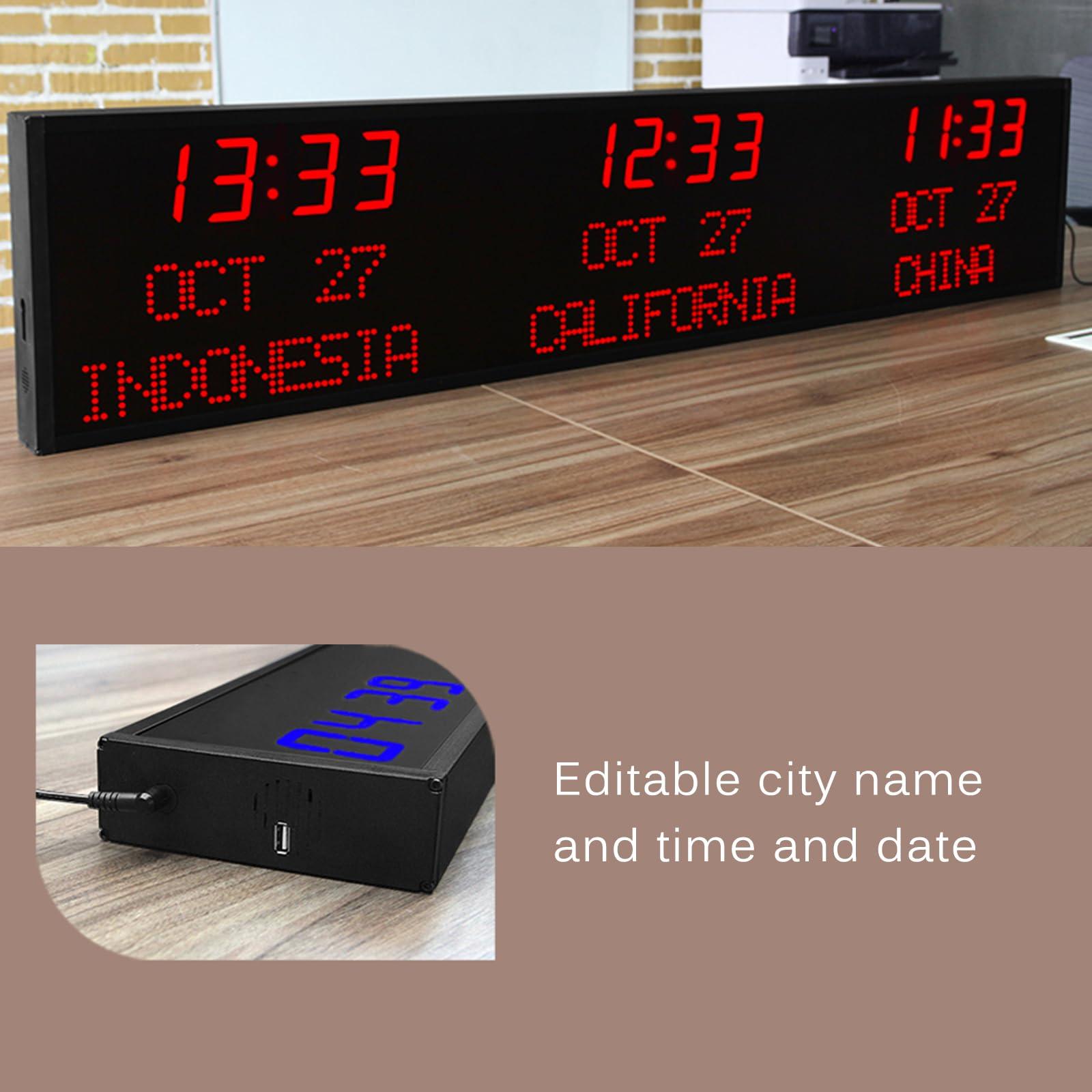 JDXQBLD JDXQBLD 3 Time Zone Wall Large Clocks, World Time Zones Clock, Editable City Name and Time and Date, Big Size Display, for Home Living Room Office (Red)