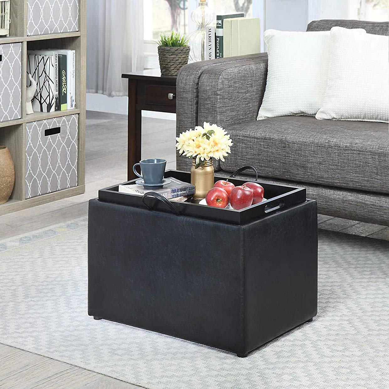 Convenience Concepts Convenience Concepts Designs4Comfort Accent Storage Ottoman 22.75\" - Modern Foot Stool with Decorative Tray for Living Room, Dining Room, Office, Black Faux Leather