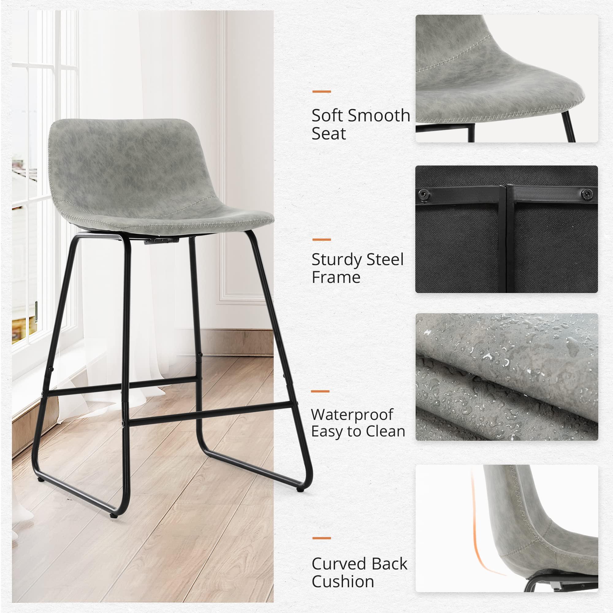 LUE BONA LUE BONA 24" ALX Faux Leather Barstools Set of 2, Bar Stools, Modern Counter Height Stools with Back and Metal Legs, Armless Counter Chairs, Grey