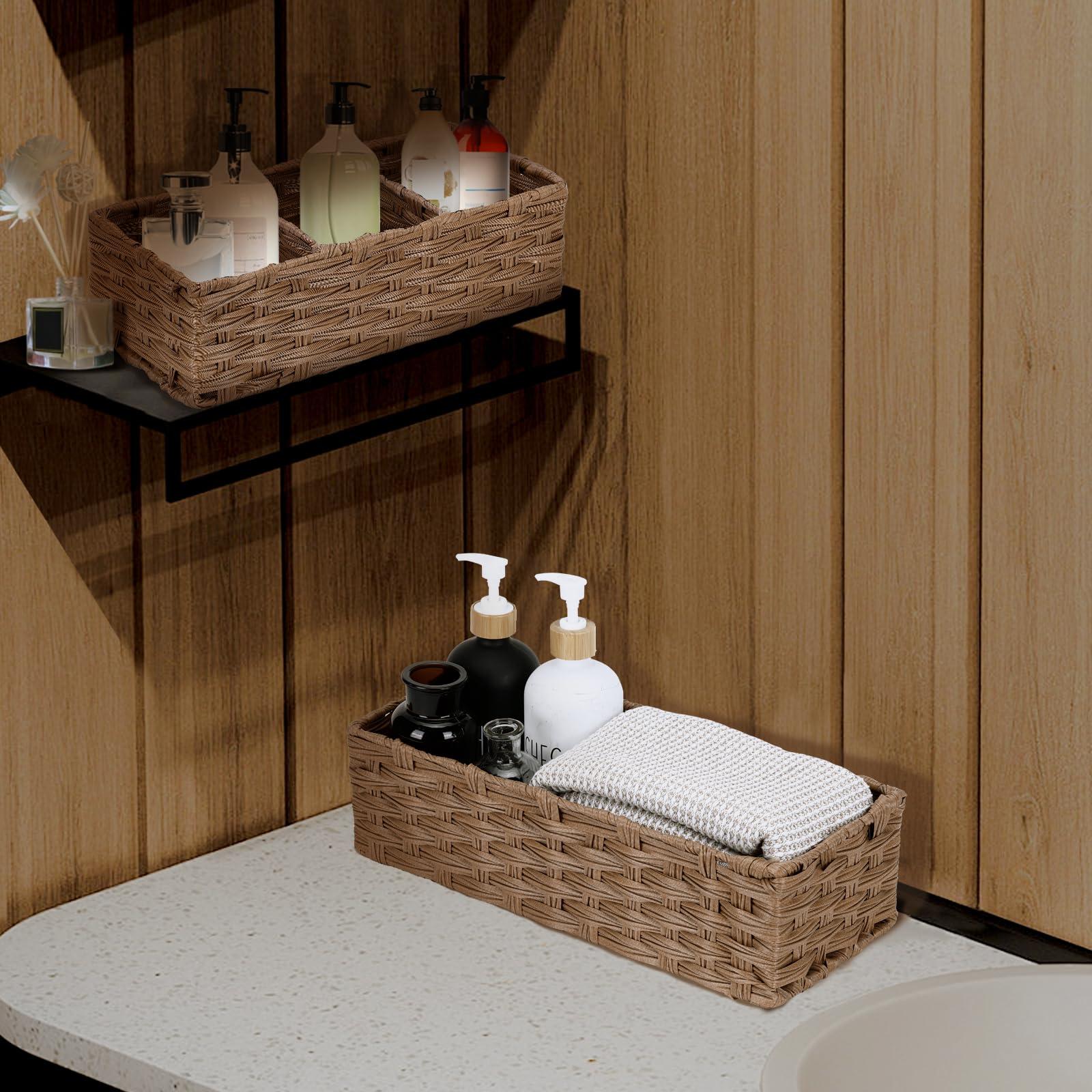 DULLEMELO DULLEMELO Small Basket for Bathroom, Wicker Toilet Tank Basket, Bathroom Back of Toilet Organizer, Set of 2 Waterproof Bathroom Baskets for Organizing, Brown