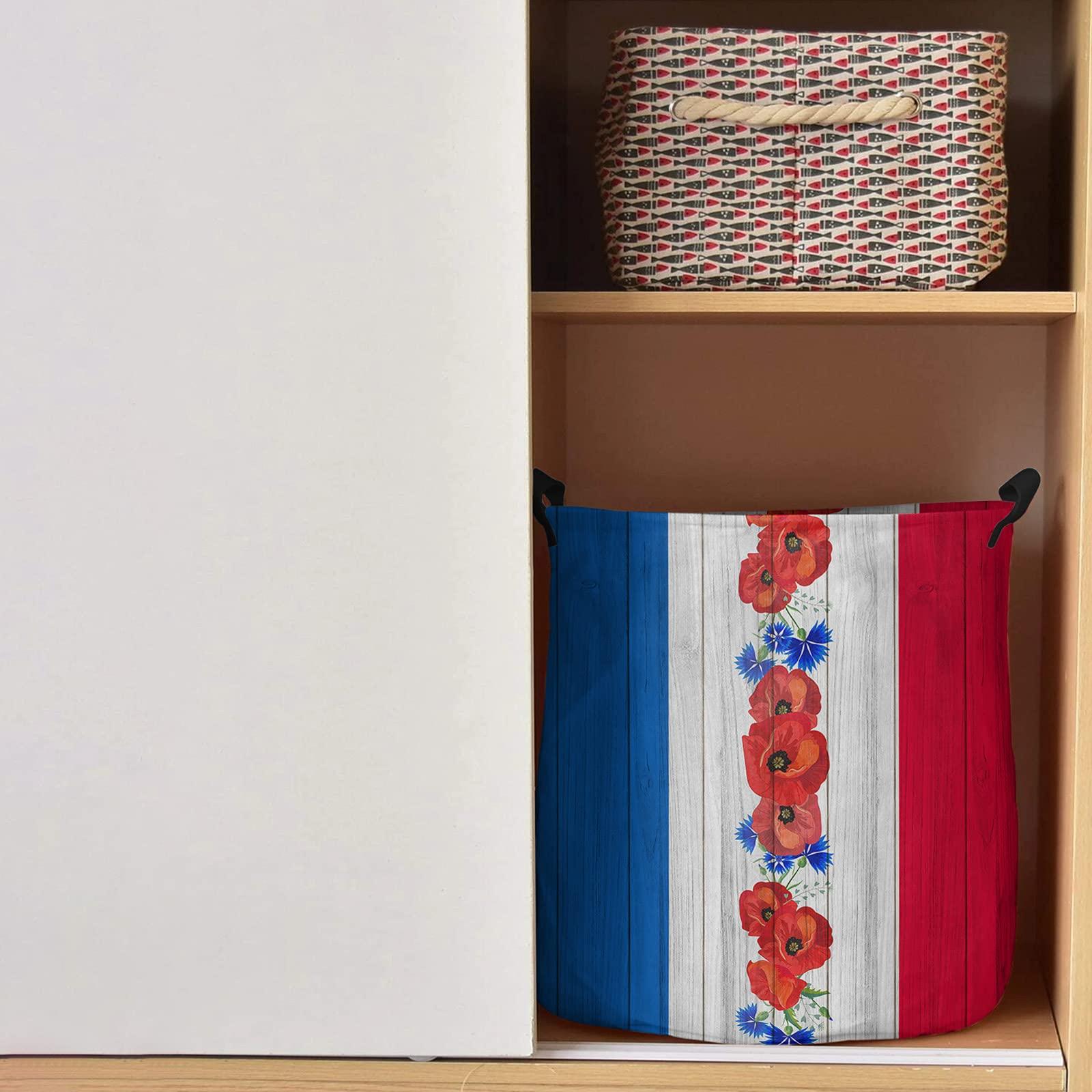 ZOE STORE Blue White Red Line American Independence Floral Large Laundry Basket, Waterproof Laundry Hamper for Clothes, Retro Wooden Poppies Blue Cornflowers Foldable Laundry Baskets, 16.5\'\'x17\'\'