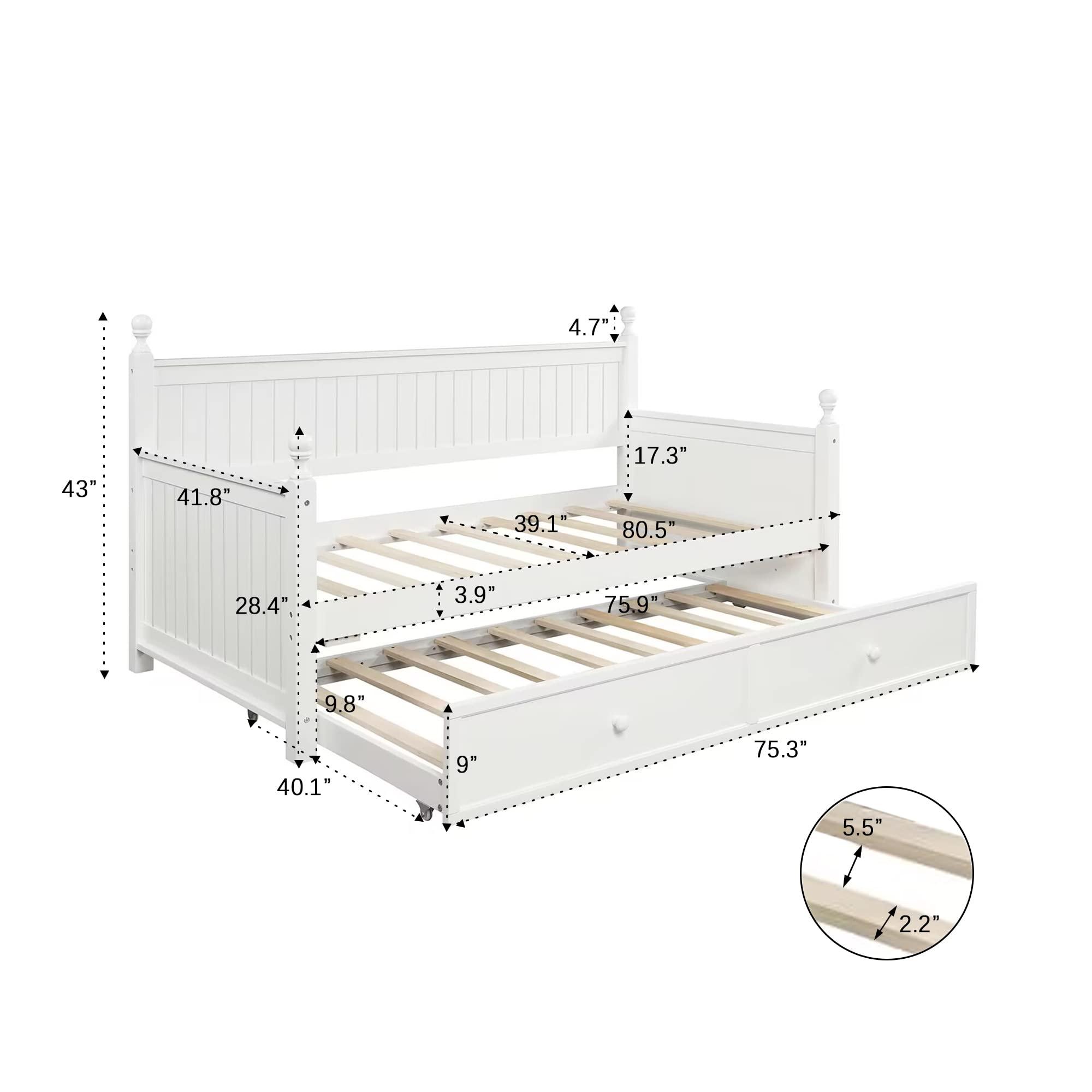 Royard Oaktree Royard Oaktree Twin Size Daybed with Trundle Wood Bed Frame with Twin Size Trundle Bed for Kids/Guest Bedroom Modern Sofa Bed for Living Room, No Box Spring Required, White