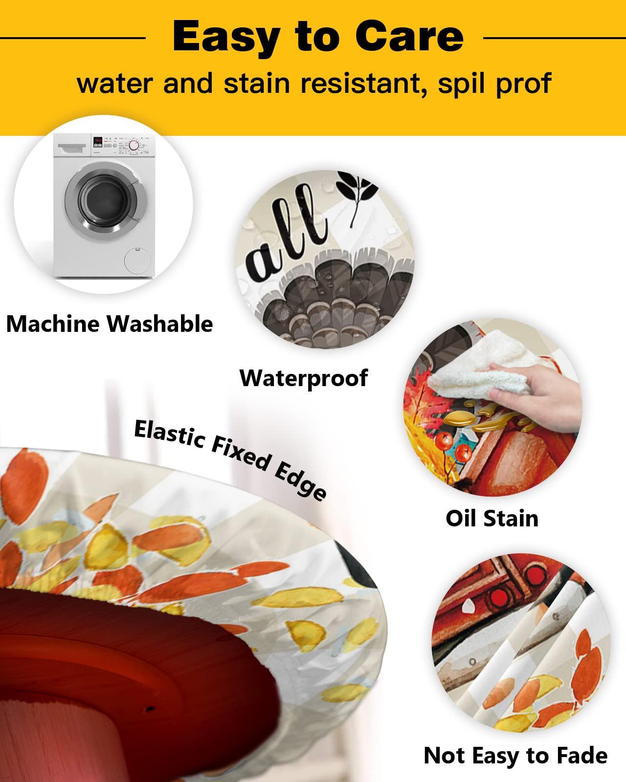 SEVENBABU Round Table Cover 55-60 Inch, Waterproof Reusable Table Cloth Round Fitted Vinyl Tablecloth with Elastic Edged for Party, Happy Fall Y\'all Farm Truck with Turkey Floral Leaves Modern Checkered