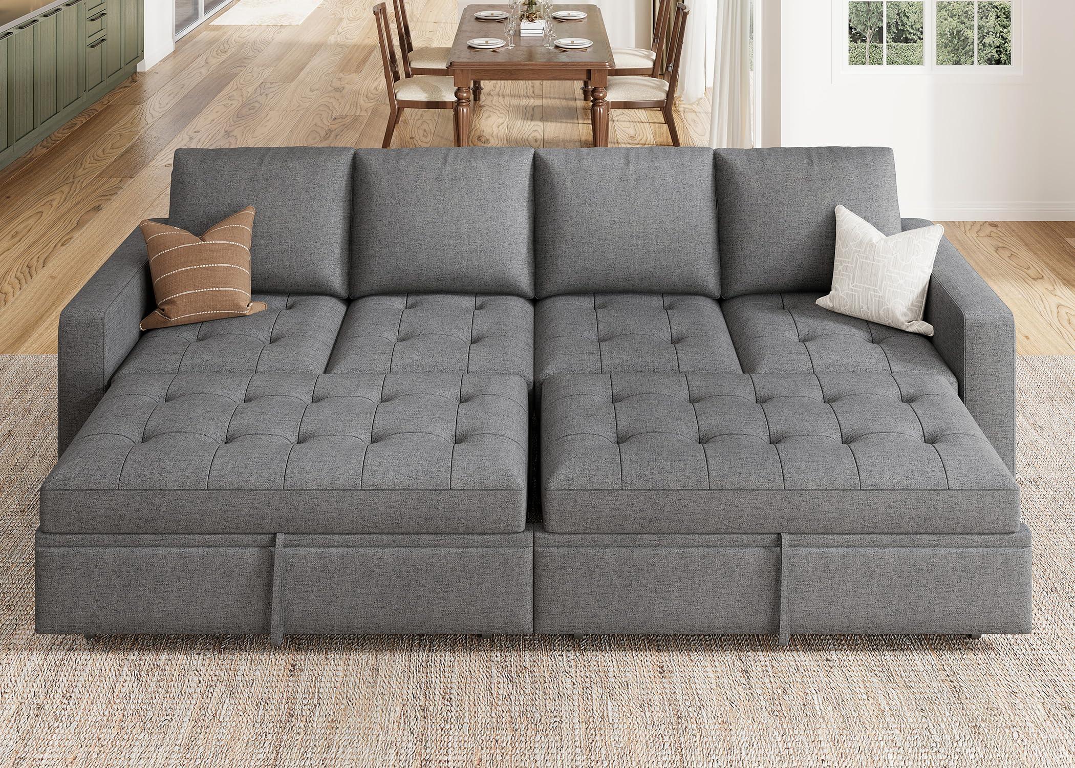 HONBAY HONBAY Modular Sectional Sleeper Sofa with Pull Out Bed, Linen Convertible Sectional Couches for Living Room,Grey