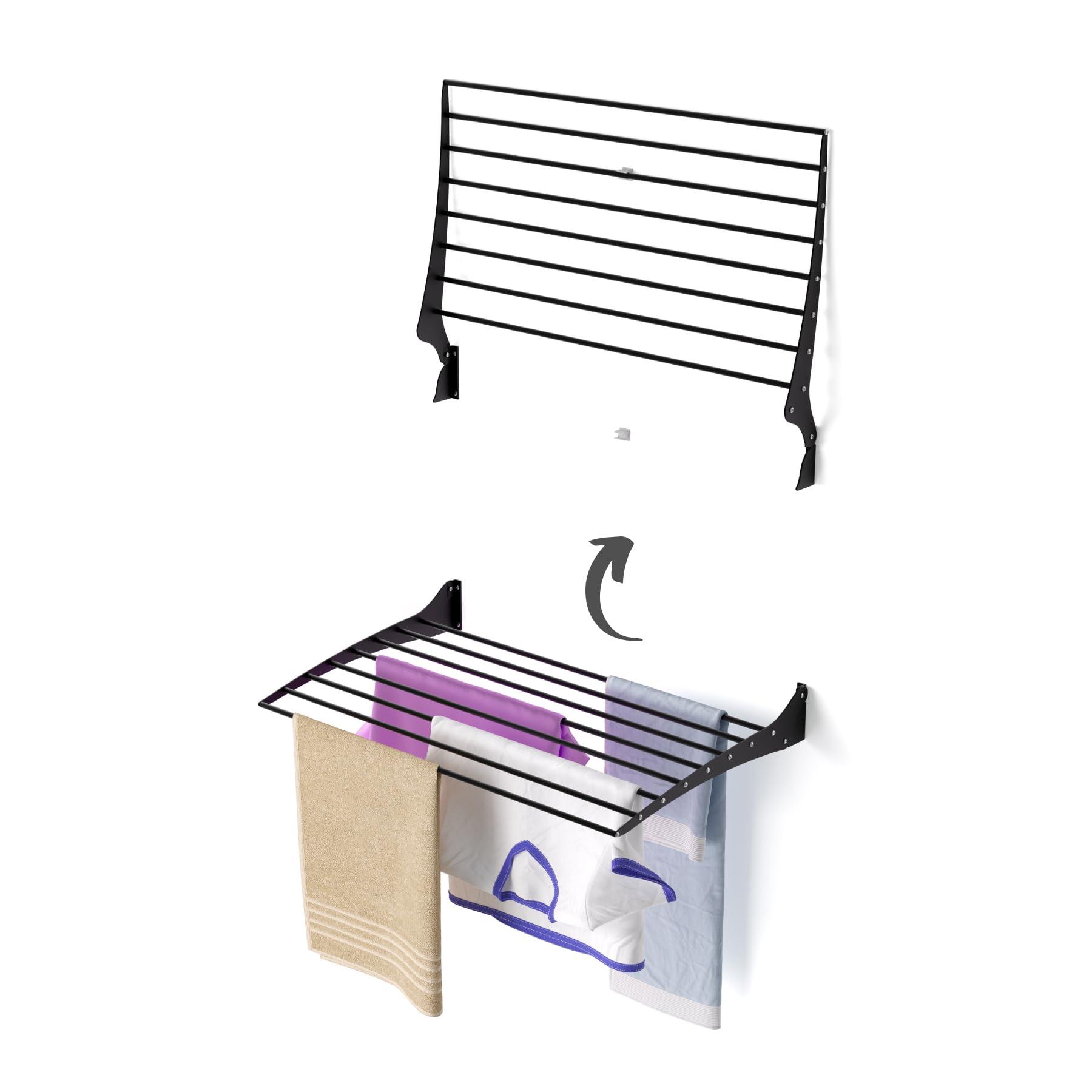 foxydry foxydry Fold Wall Mounted Clothes Drying Rack, Black Folding Laundry Airer for Indoor or Outdoor Use Aluminium and Steel 31.5x20x21 in (31.5 in / 80 cm)