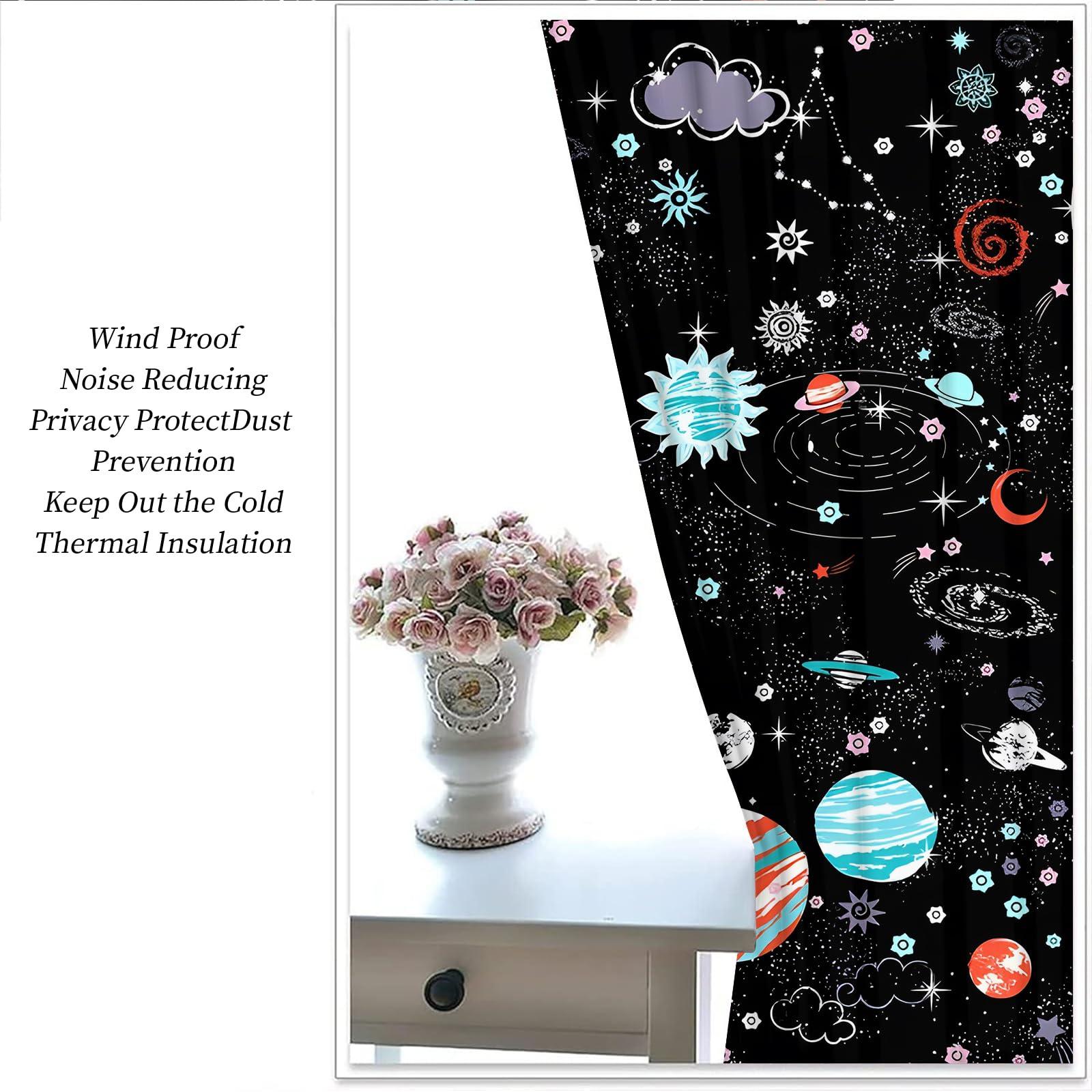 PFFM Outer Space Curtains for Windows, Planet Theme Cartoon Galaxy Solar System Pattern Blackout Curtains, Light Reducing Privacy Protect Drapes for Boy Girl Kids Bedroom-26 W X 84" L X 2 Panels