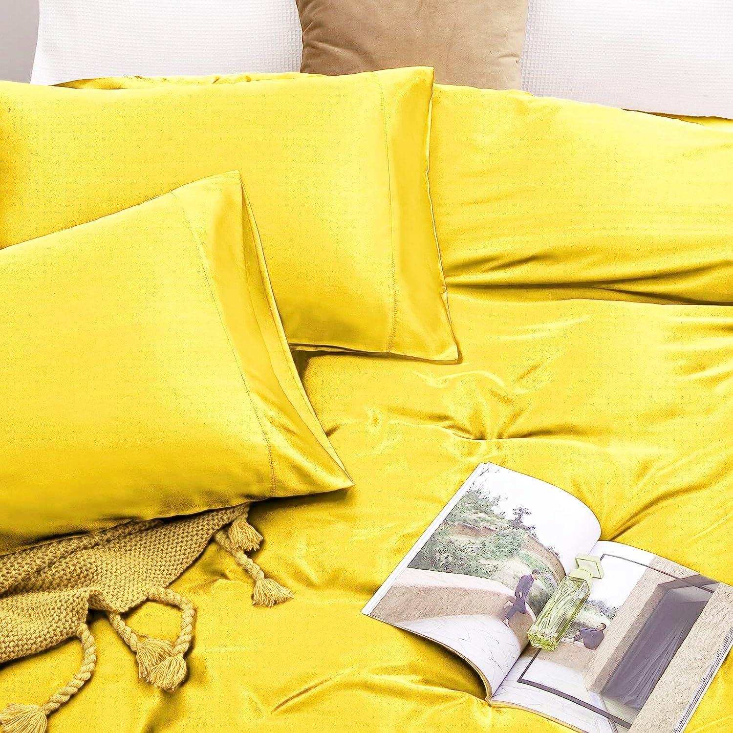 Selection Bedding California King Size Sheet Set - 6 Piece - Hotel Luxury Satin Silk Bed Sheets - 15 Inches Deep Pocket - Breathable & Cooling - Yellow - Flat Sheet, Fitted Sheet & 4 Pillowcases