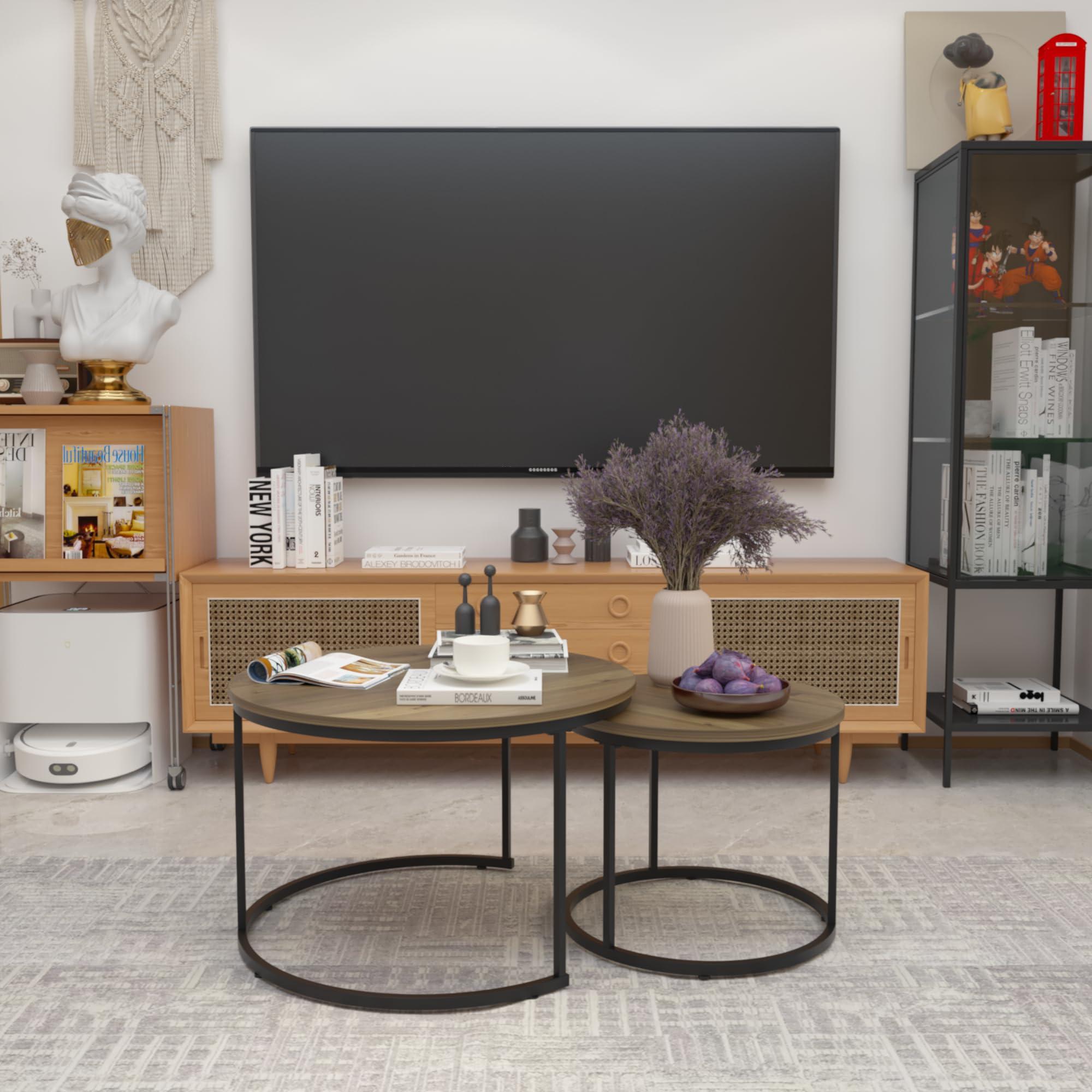 HEPMIMZHU HEPMIMZHU Nesting Coffee Table Set of 2, 27.6inch Round Coffee Table Wood Marble Pattern Top with Sturdy Metal Frame, End Table Side Tables for Living Room Bedroom (Brown)